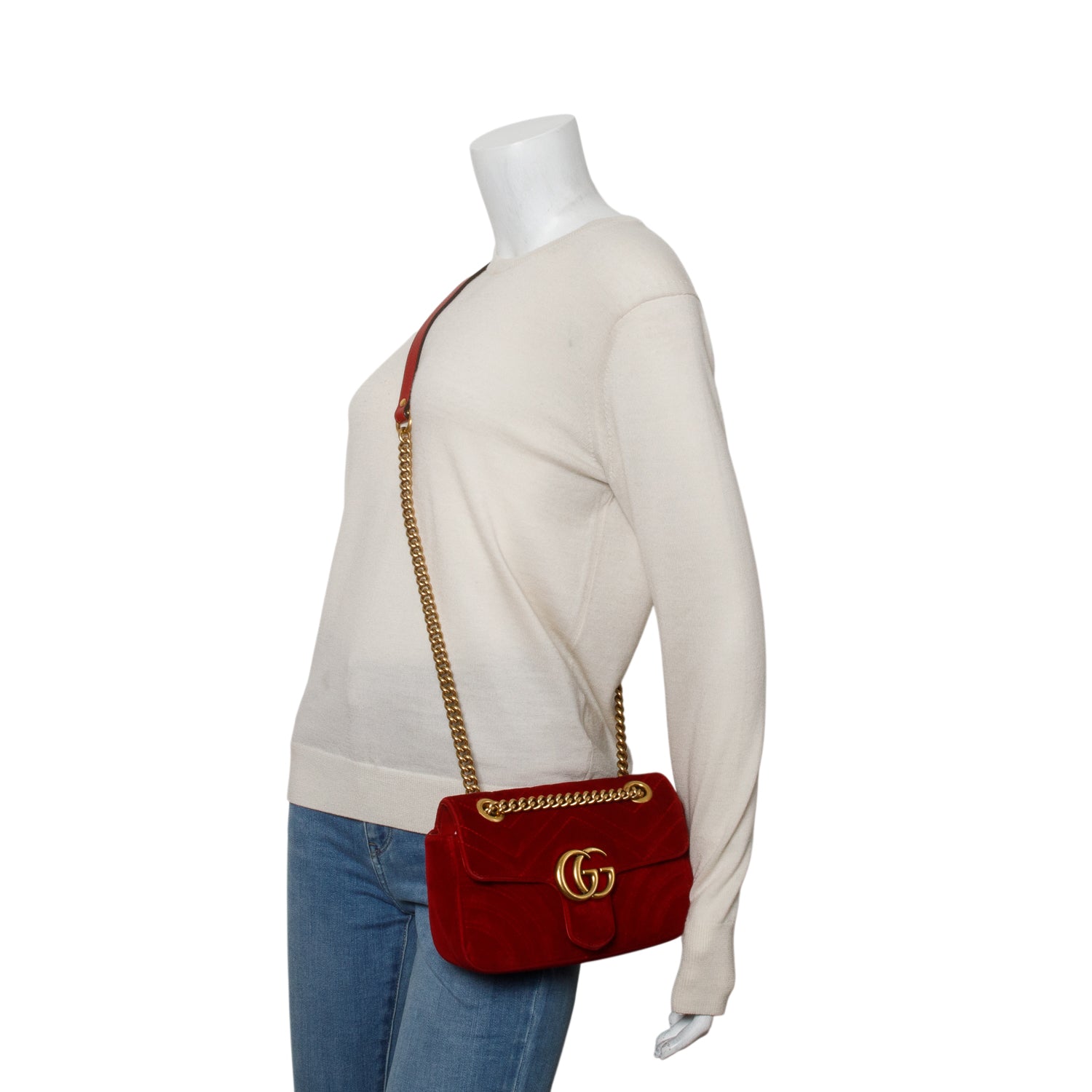 Gucci Red Velvet Matelasse Small GG Marmont Shoulder Bag w/ Box