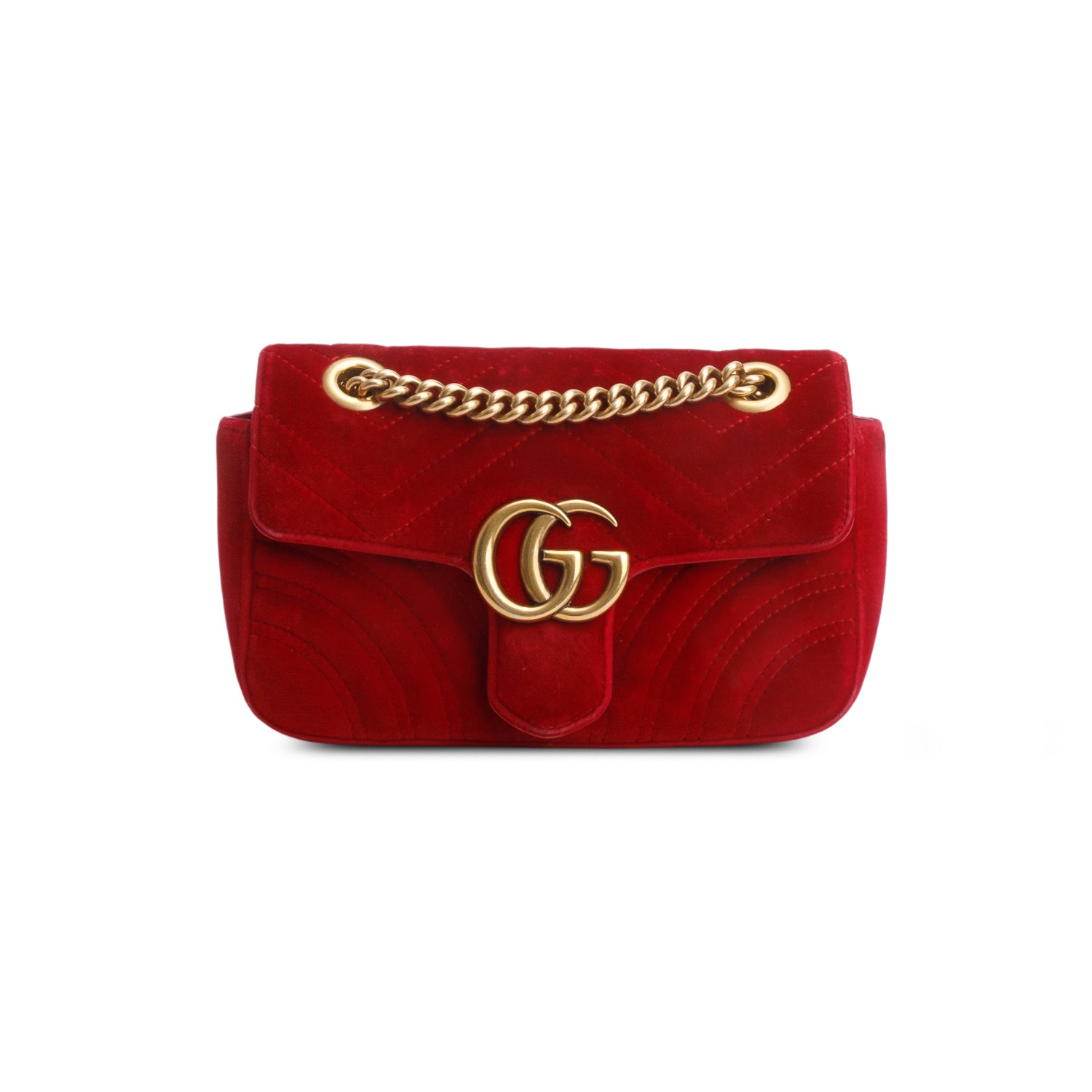 Gucci Red Velvet Matelasse Small GG Marmont Shoulder Bag w/ Box