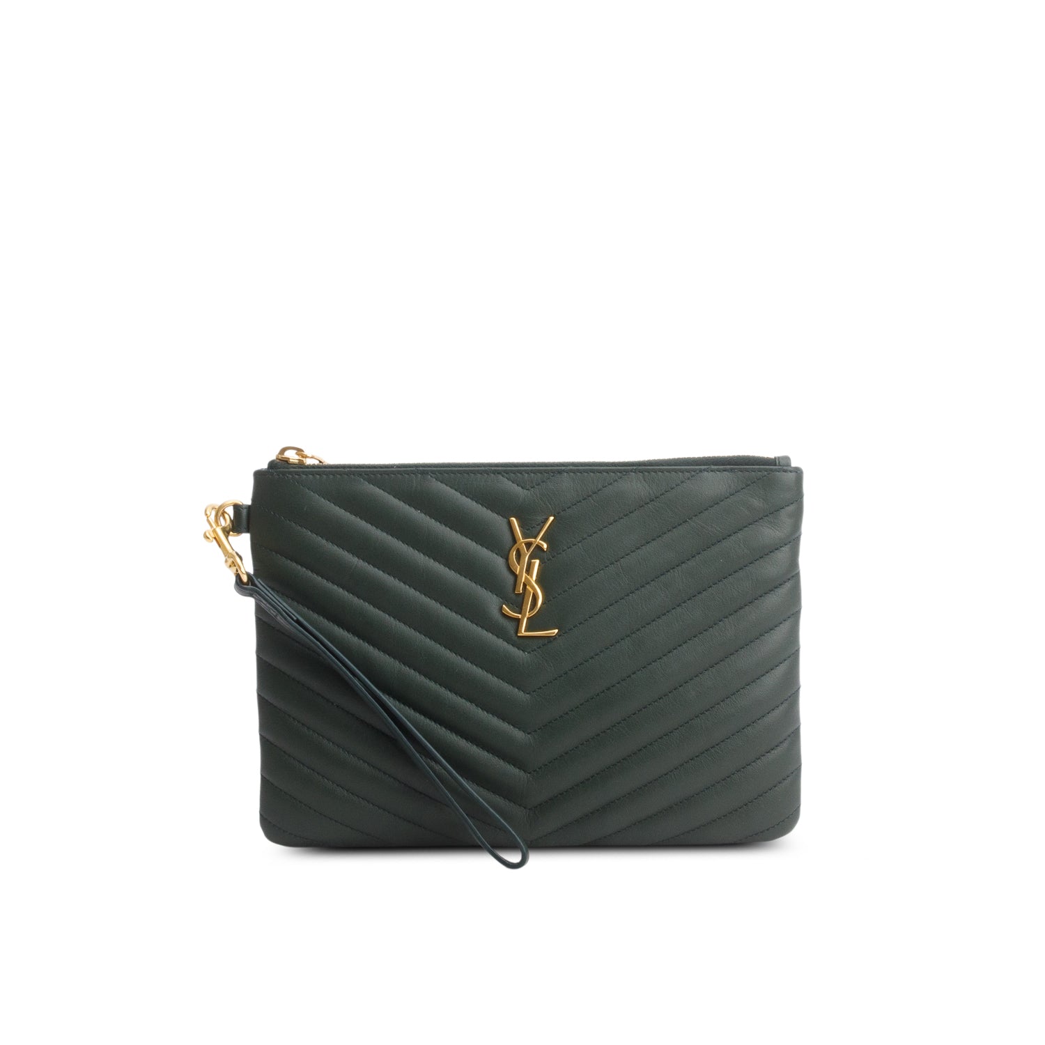 Saint Laurent Green Calfskin Matelasse Chevron Monogram A5 Wristlet