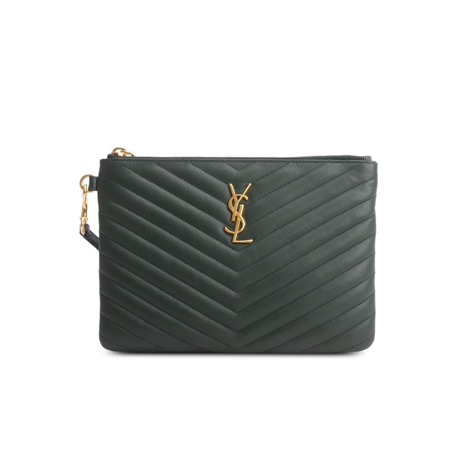 Saint Laurent Green Calfskin Matelasse Chevron Monogram A5 Wristlet