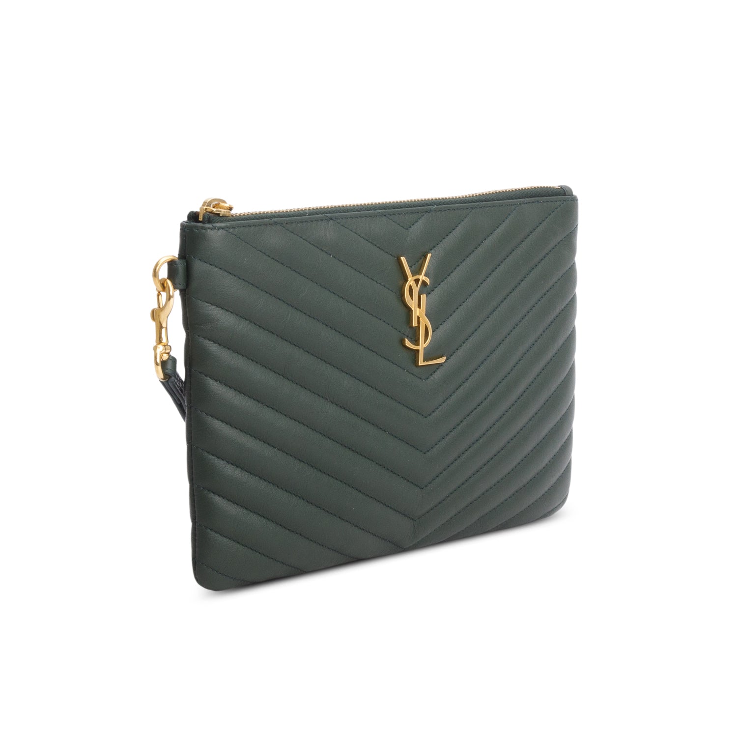Saint Laurent Green Calfskin Matelasse Chevron Monogram A5 Wristlet