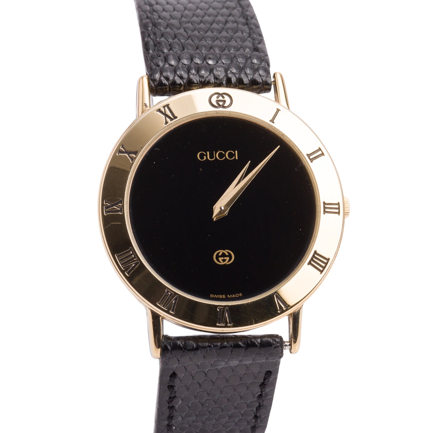 Gucci Gold Plated Stainless Steel 3000 Series 33 MM Quartz Watch Black Dial w/ Box & Extra Strap