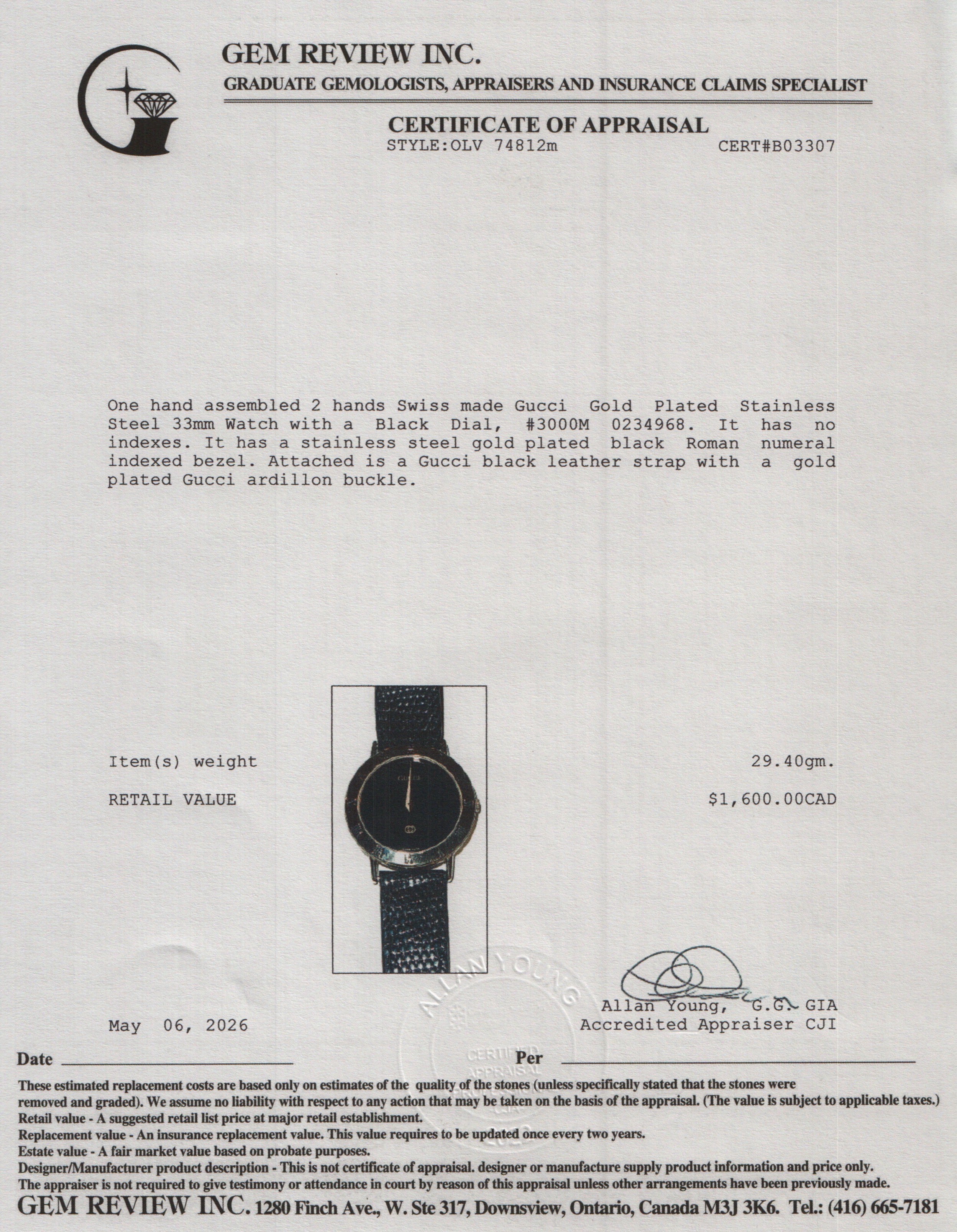 Gucci Gold Plated Stainless Steel 3000 Series 33 MM Quartz Watch Black Dial w/ Box & Extra Strap