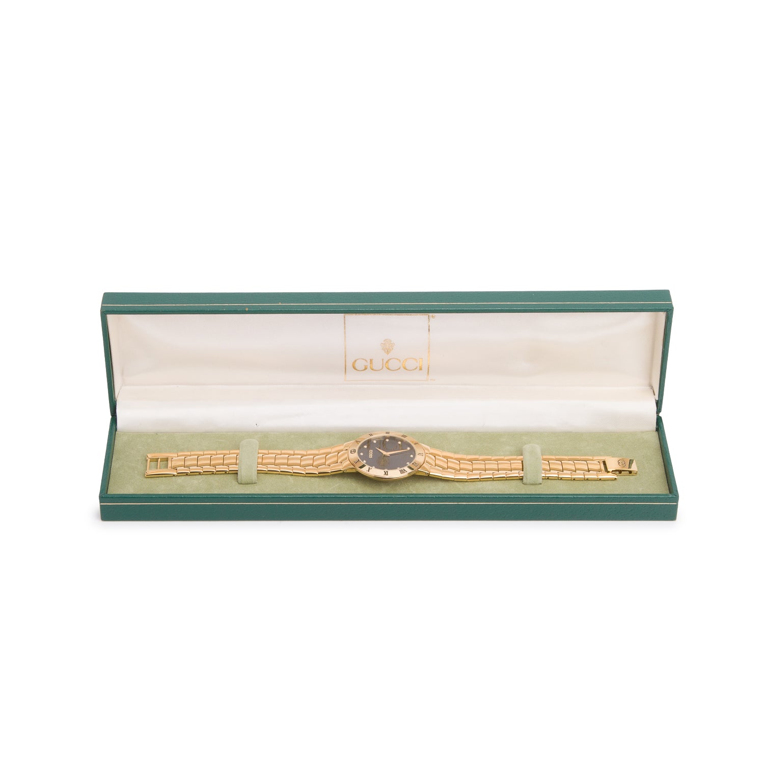 Gucci Gold Plated Stainless Steel 3300 Series 33 MM Watch Black Diamond Dial w/ Box