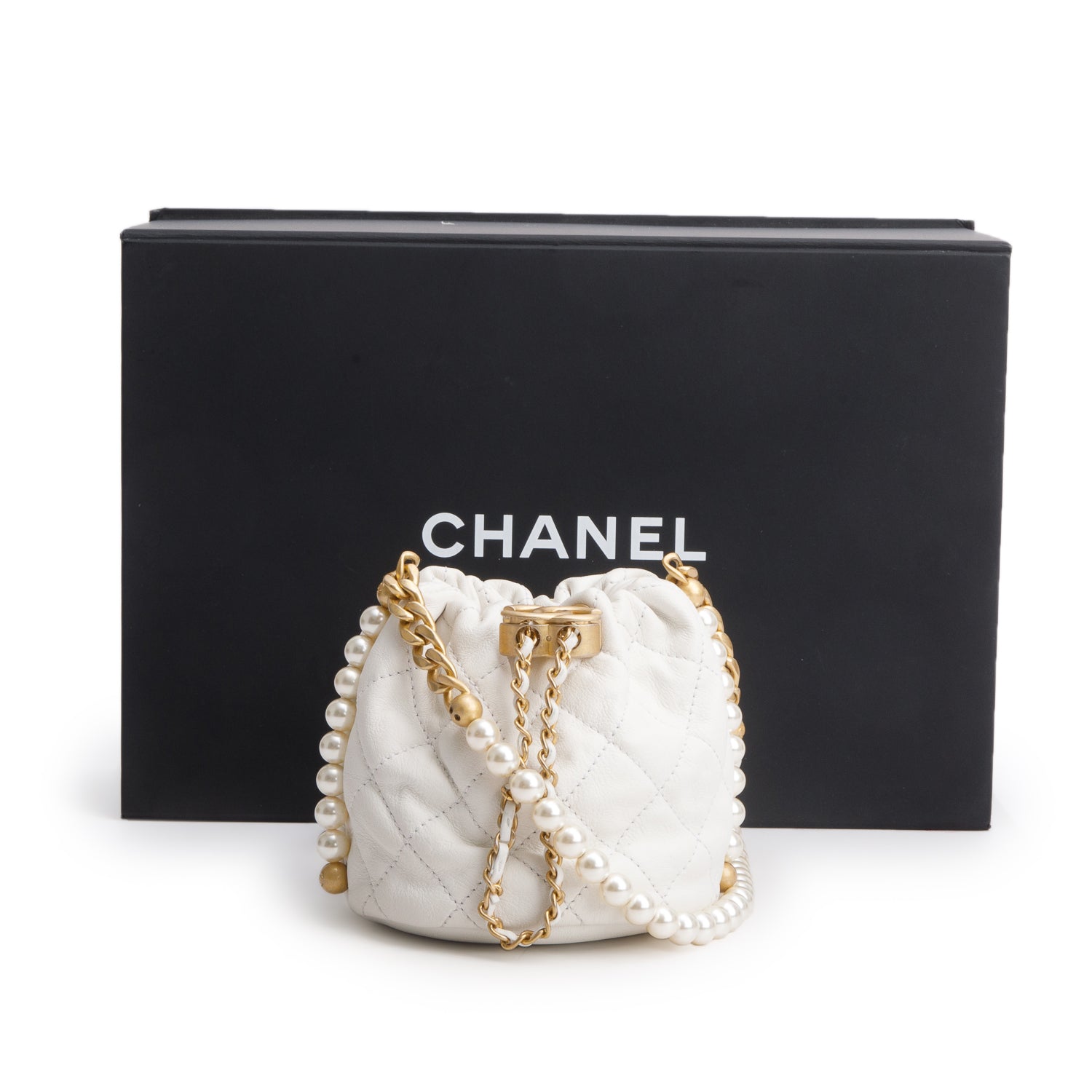 Chanel 2021 White Calfskin Quilted Mini About Pearls Drawstring Bucket Bag w/ Box, Authenticity Card & Receipt