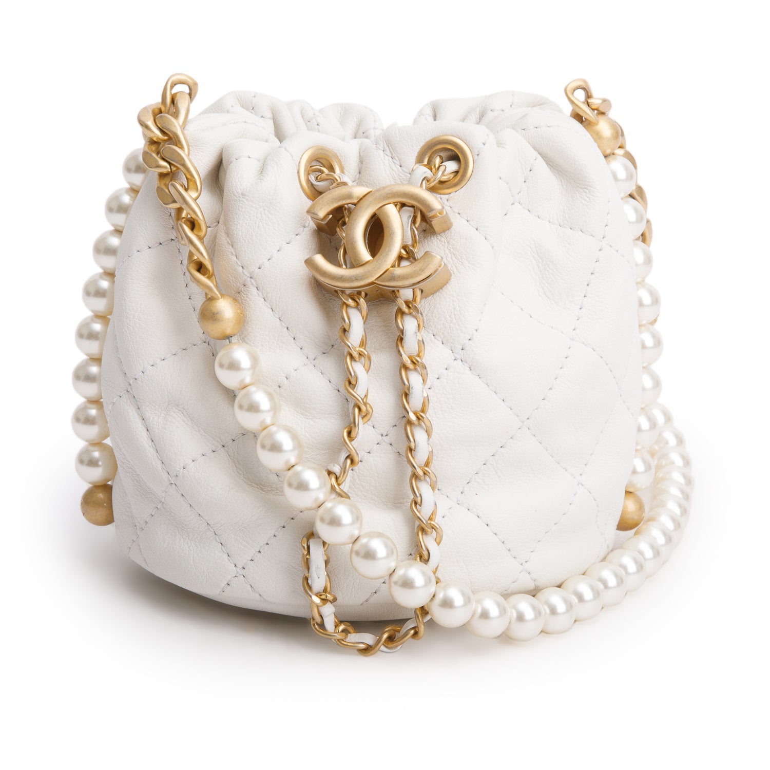 Chanel 2021 White Calfskin Quilted Mini About Pearls Drawstring Bucket Bag w/ Box, Authenticity Card & Receipt