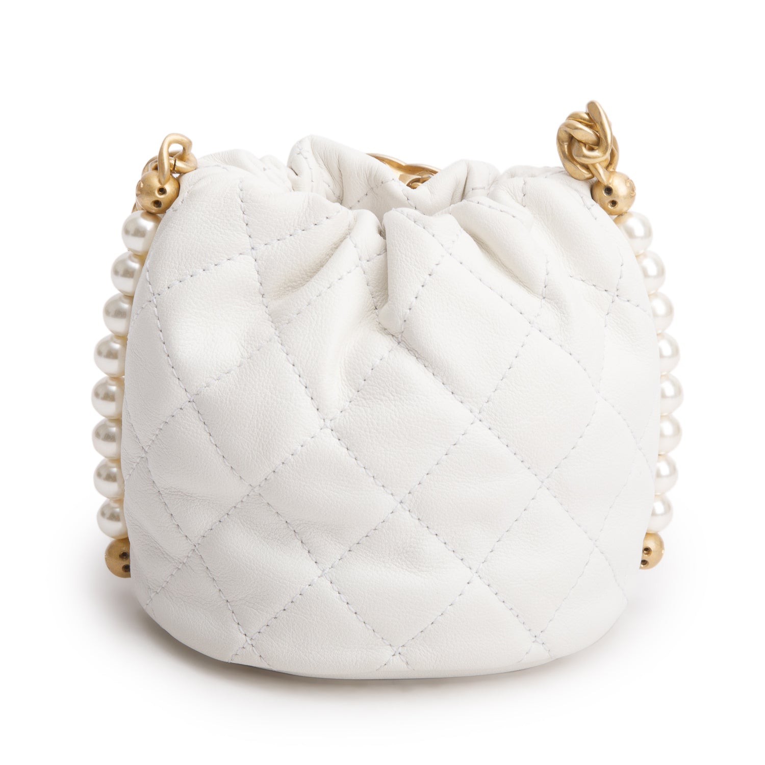 Chanel 2021 White Calfskin Quilted Mini About Pearls Drawstring Bucket Bag w/ Box, Authenticity Card & Receipt