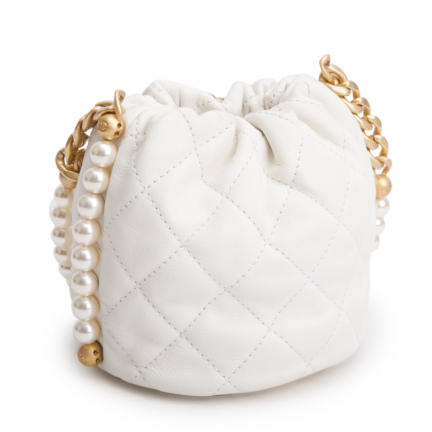 Chanel 2021 White Calfskin Quilted Mini About Pearls Drawstring Bucket Bag w/ Box, Authenticity Card & Receipt