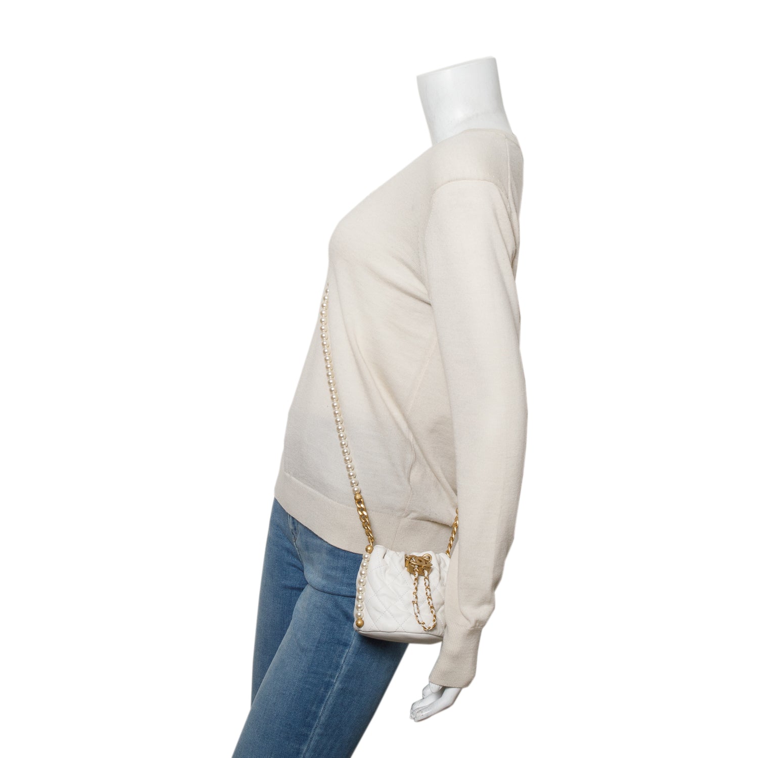 Chanel 2021 White Calfskin Quilted Mini About Pearls Drawstring Bucket Bag w/ Box, Authenticity Card & Receipt