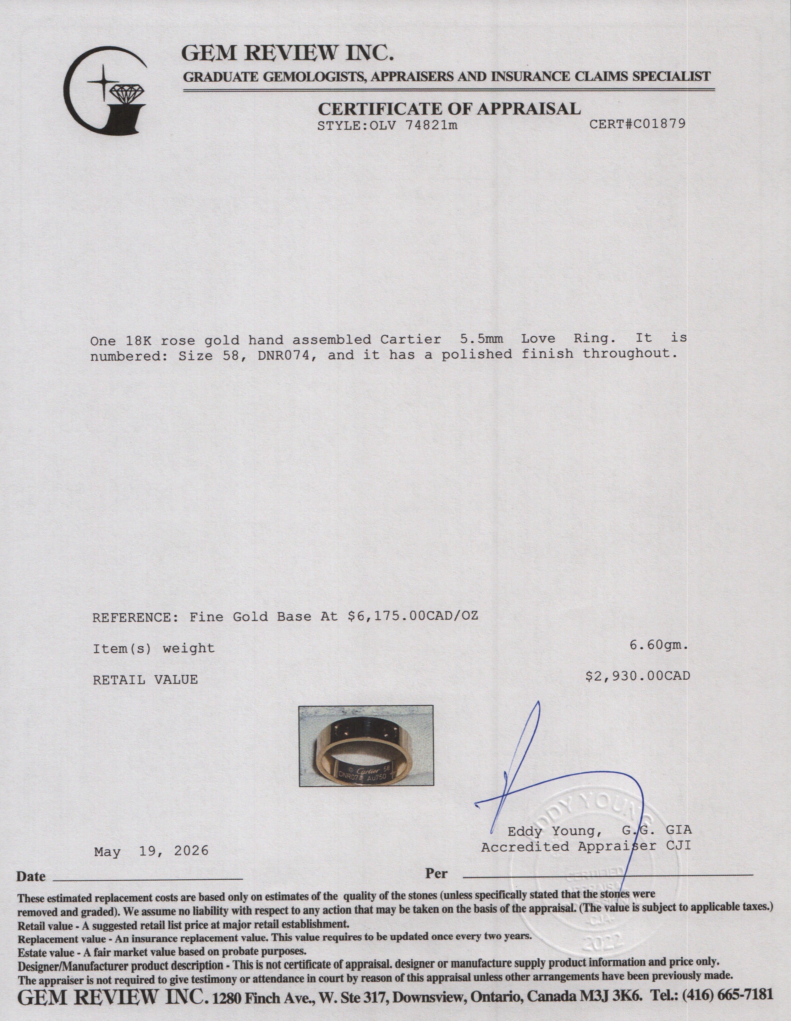 Cartier 18k Yellow Gold 5.5 MM Love Ring, Classic Model, Size 58 8.5 w/ Box & Certificate