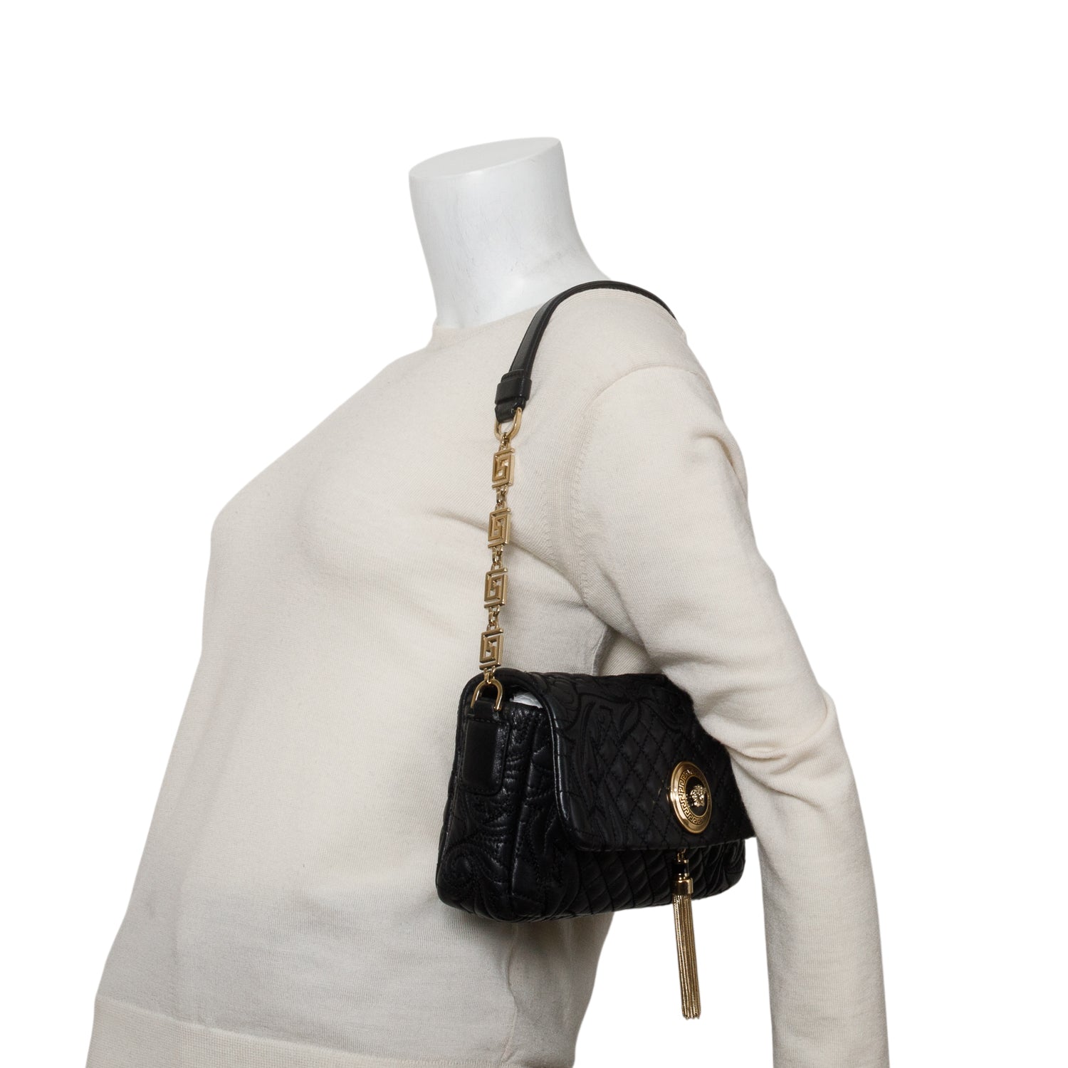 Versce Black Calfskin Barrocco Quilted Calliope Vanitas Shoulder Bag