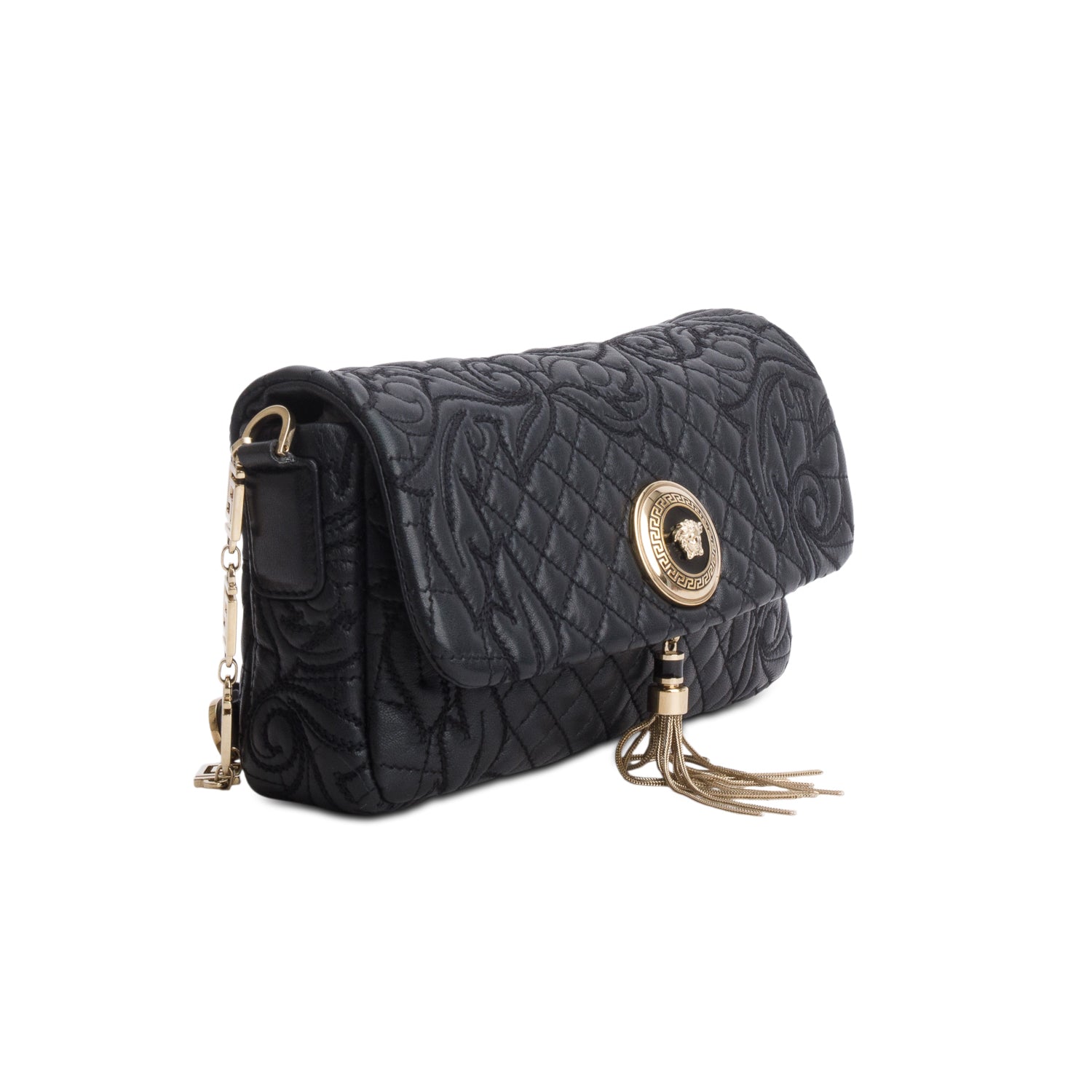 Versce Black Calfskin Barrocco Quilted Calliope Vanitas Shoulder Bag