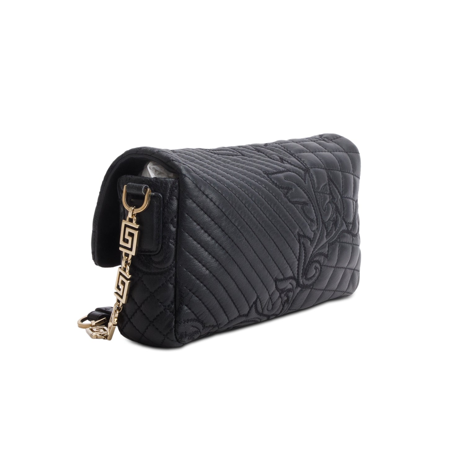 Versce Black Calfskin Barrocco Quilted Calliope Vanitas Shoulder Bag