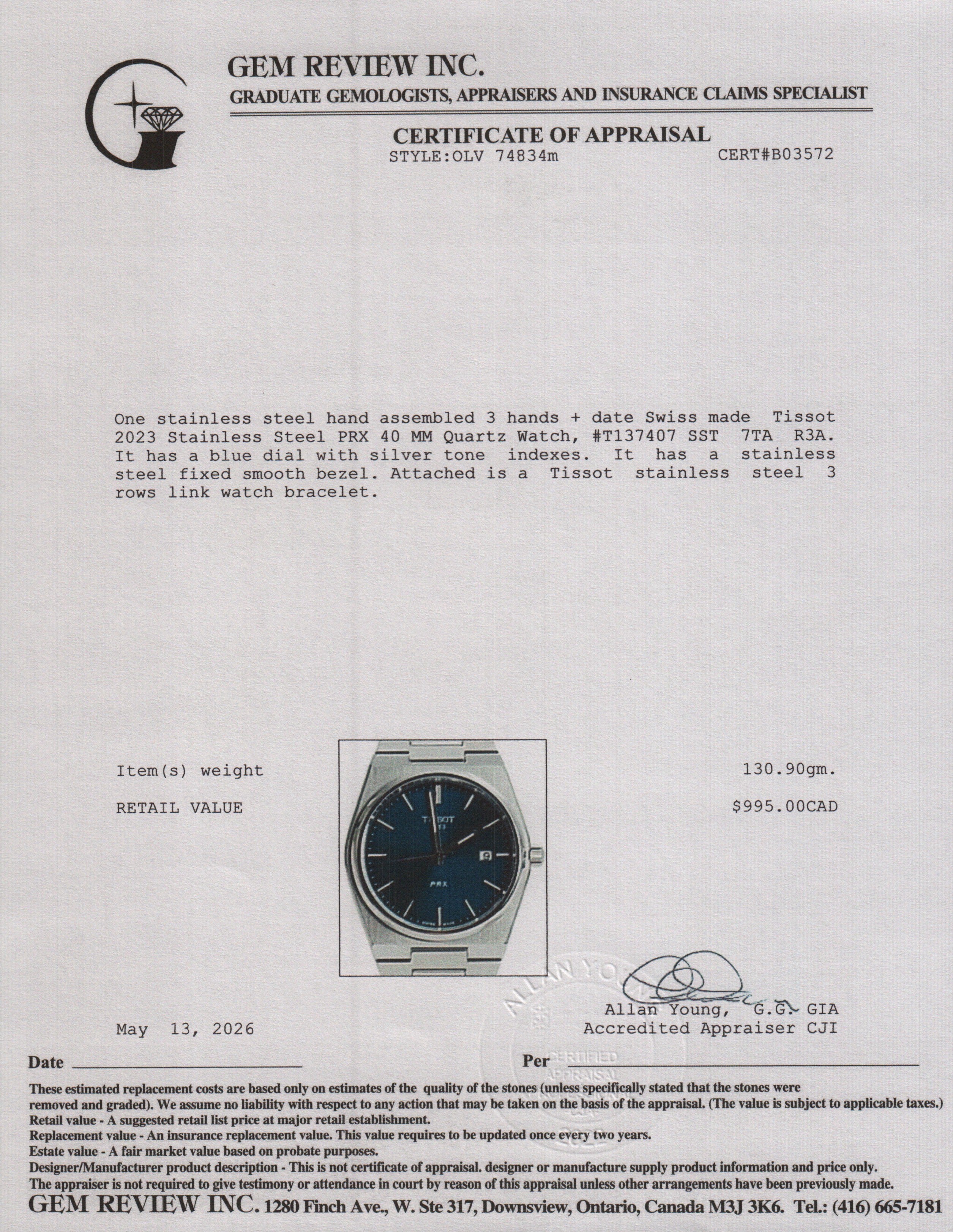 Tissot Stainless Steel PRX 40 MM Automatic Watch Blue Dial w/ Box