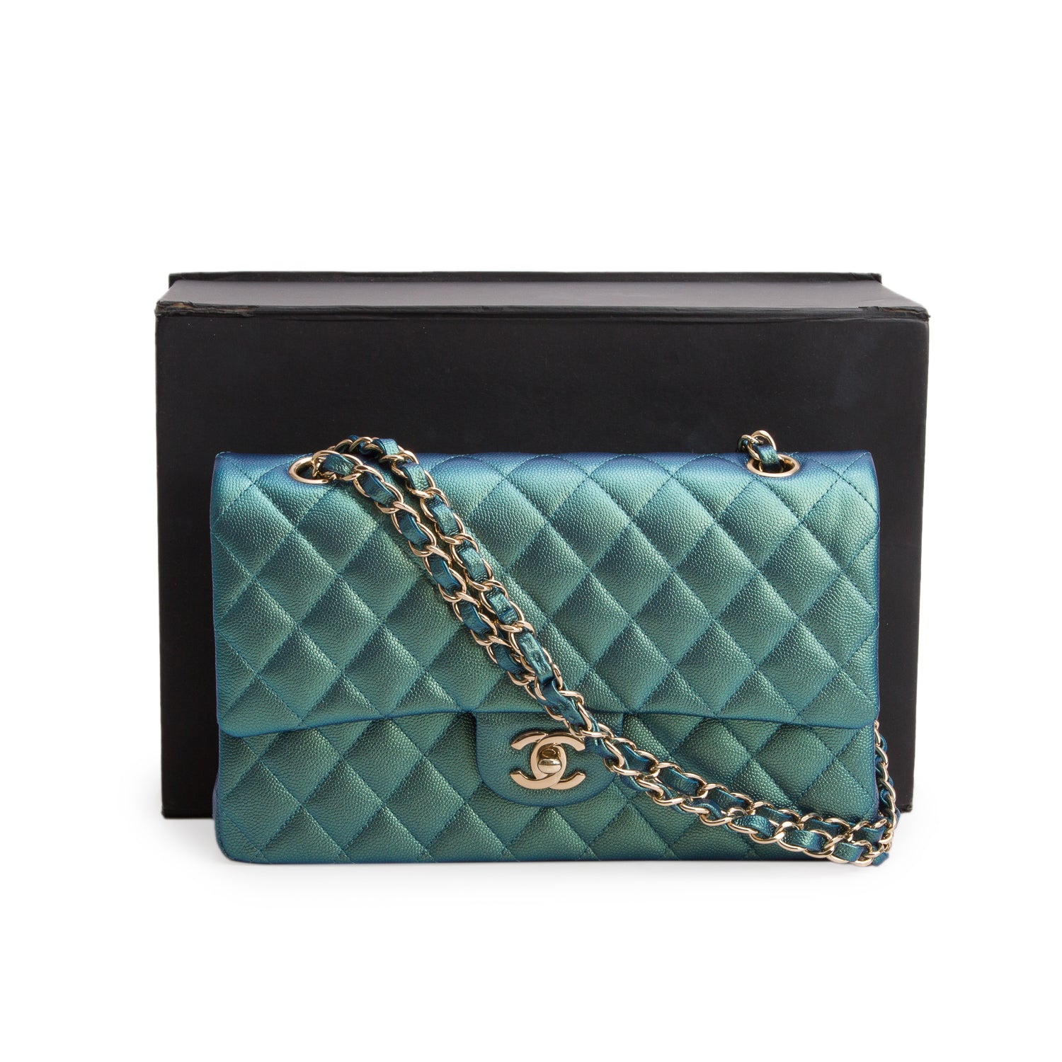 Chanel Green Iridescent Caviar Leather Classic Medium Double Flap Bag w/ Box