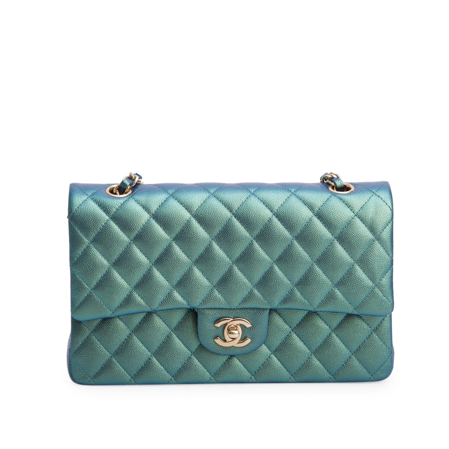 Chanel Green Iridescent Caviar Leather Classic Medium Double Flap Bag w/ Box