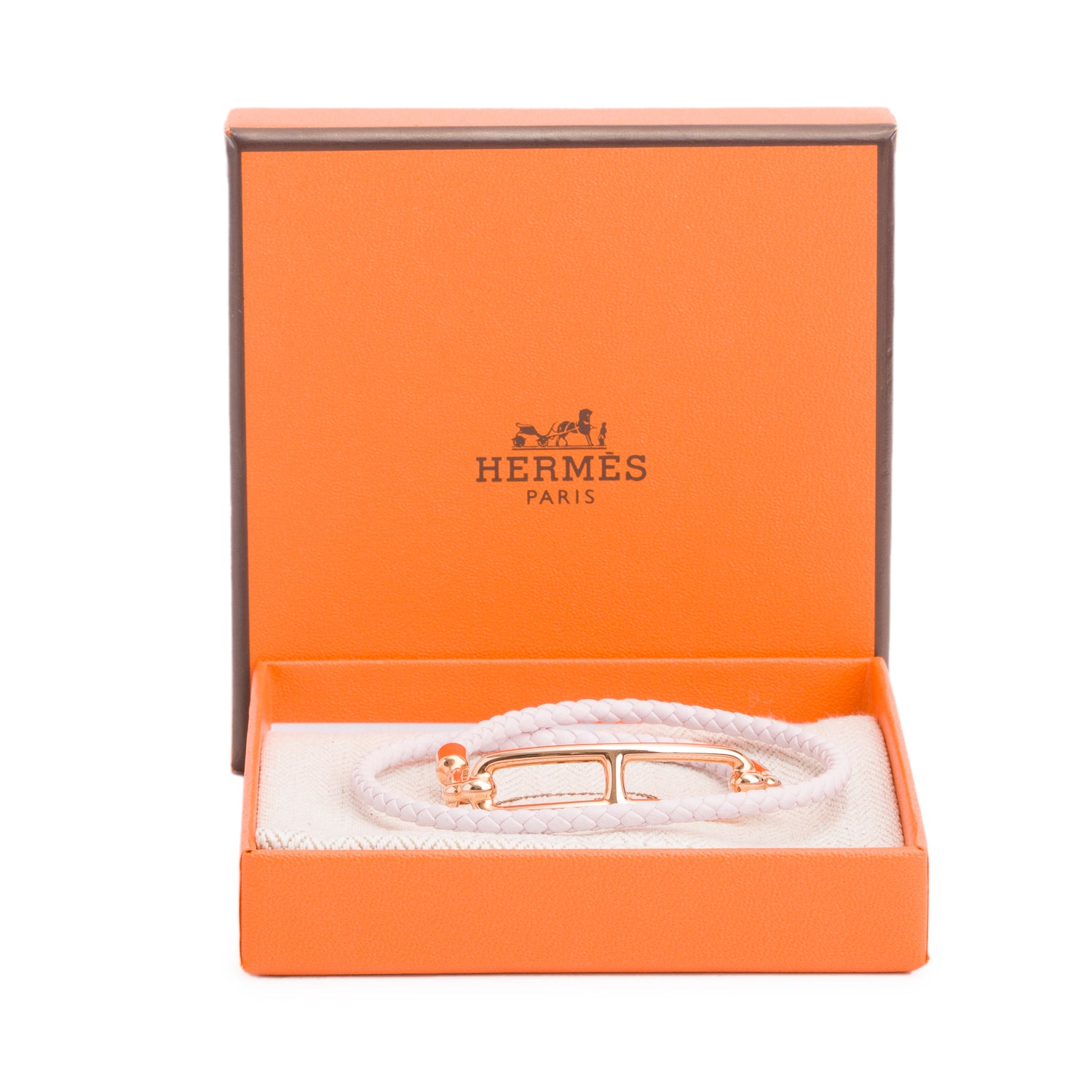 Hermes Rose Gold-Plated Mauve Pale Swift Calfskin Leather Roulis Double Tour Bracelet w/ Box