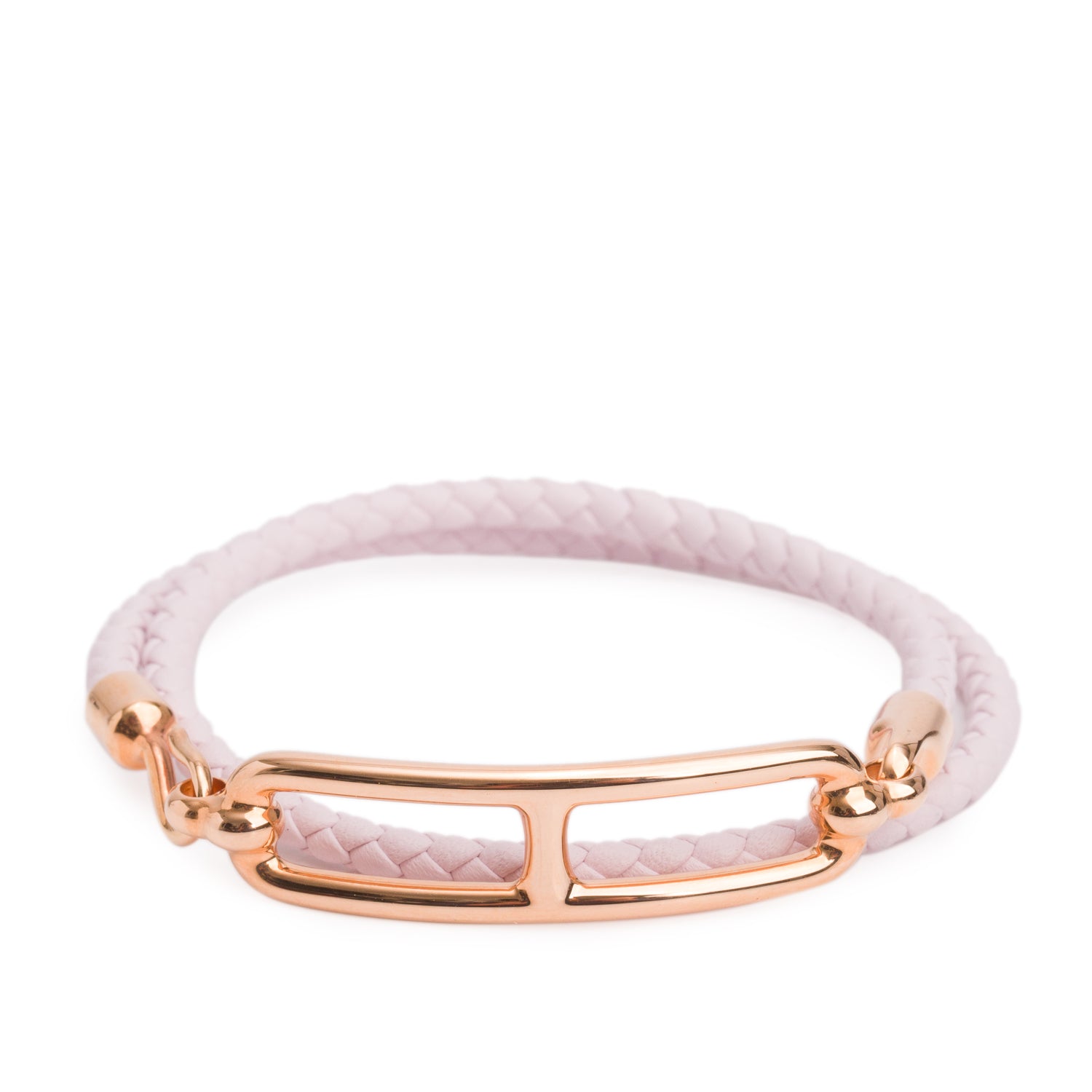 Hermes Rose Gold-Plated Mauve Pale Swift Calfskin Leather Roulis Double Tour Bracelet w/ Box