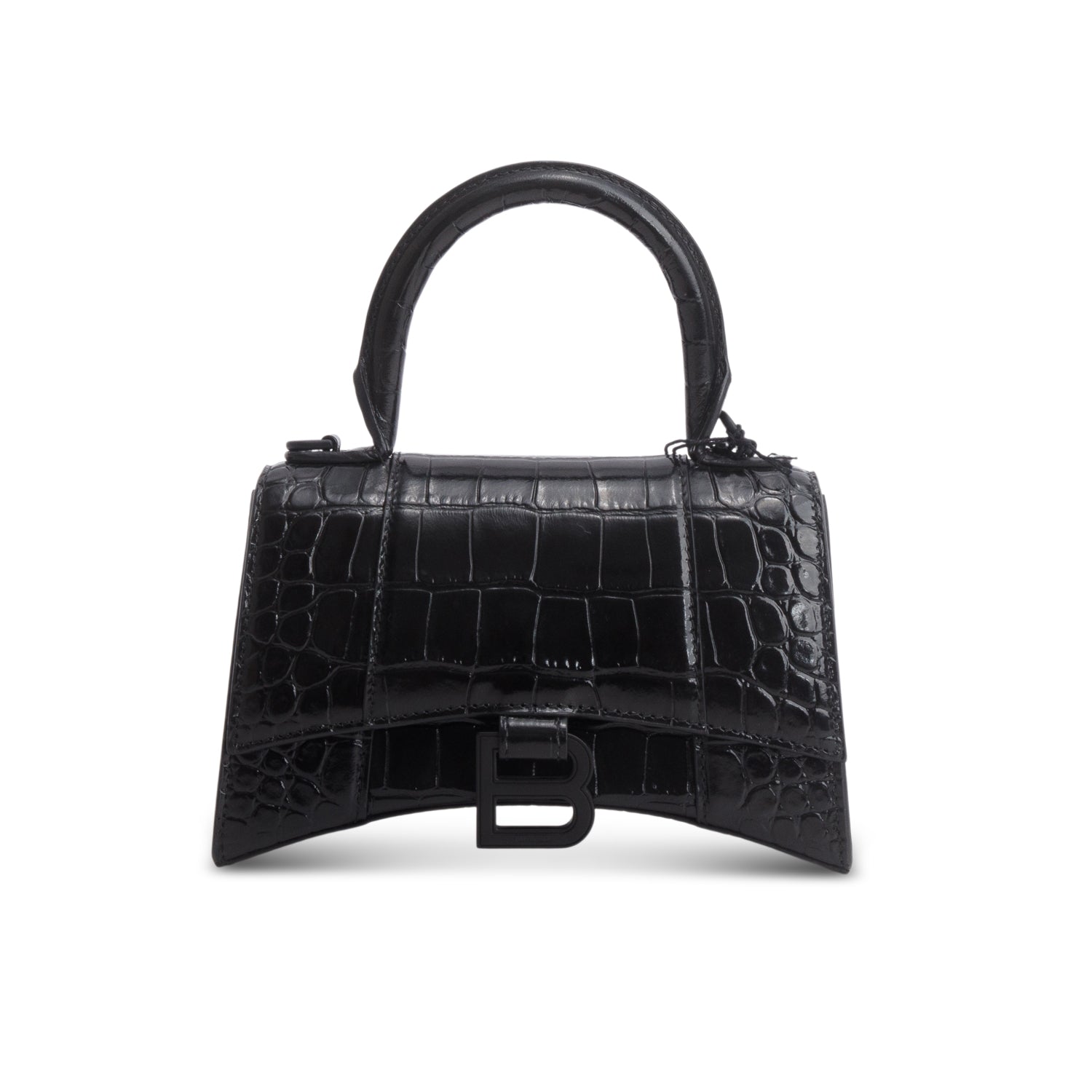 Balenciaga Black Shiny Calfskin Croc-Embossed Leather XS Hourglass Top Handle Bag w/ Strap