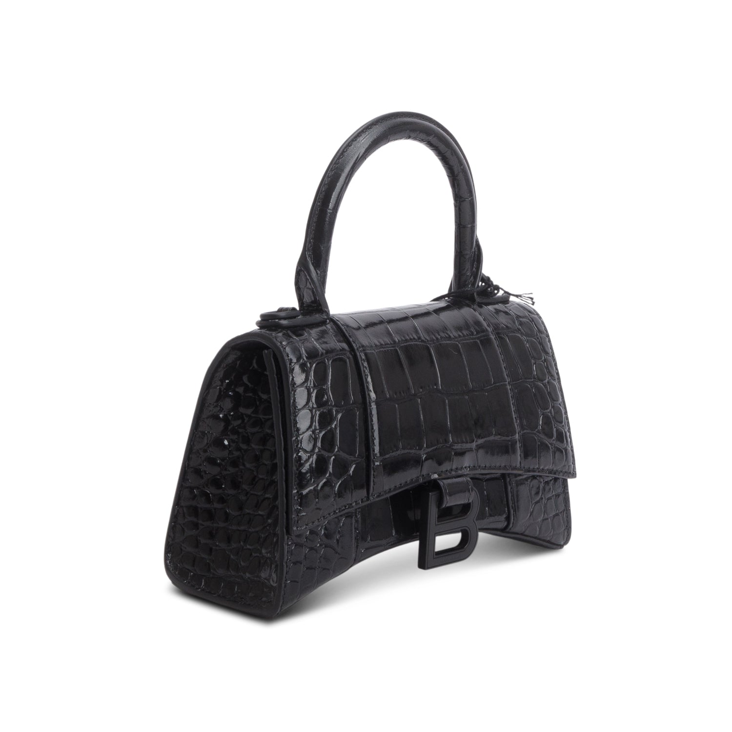 Balenciaga Black Shiny Calfskin Croc-Embossed Leather XS Hourglass Top Handle Bag w/ Strap