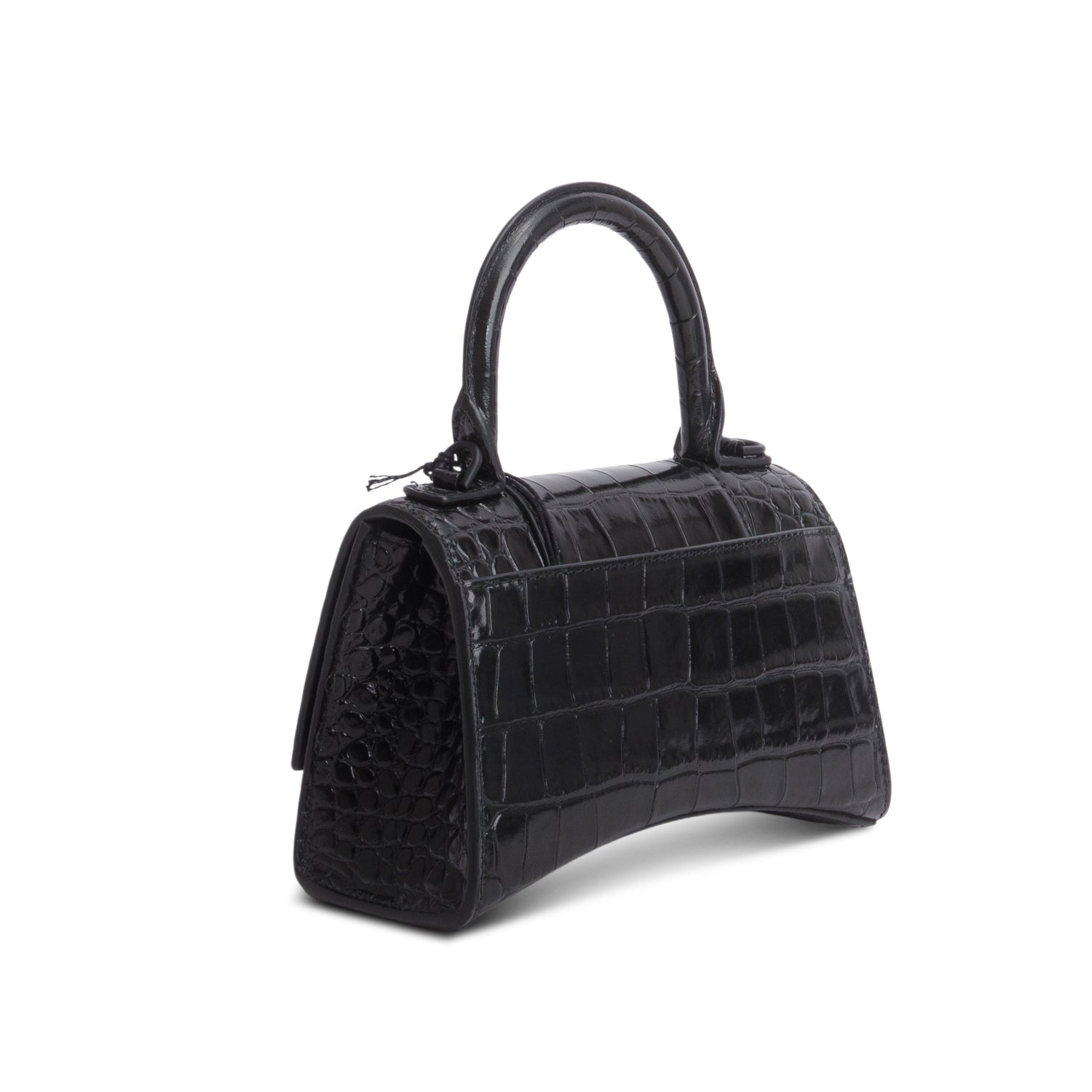 Balenciaga Black Shiny Calfskin Croc-Embossed Leather XS Hourglass Top Handle Bag w/ Strap