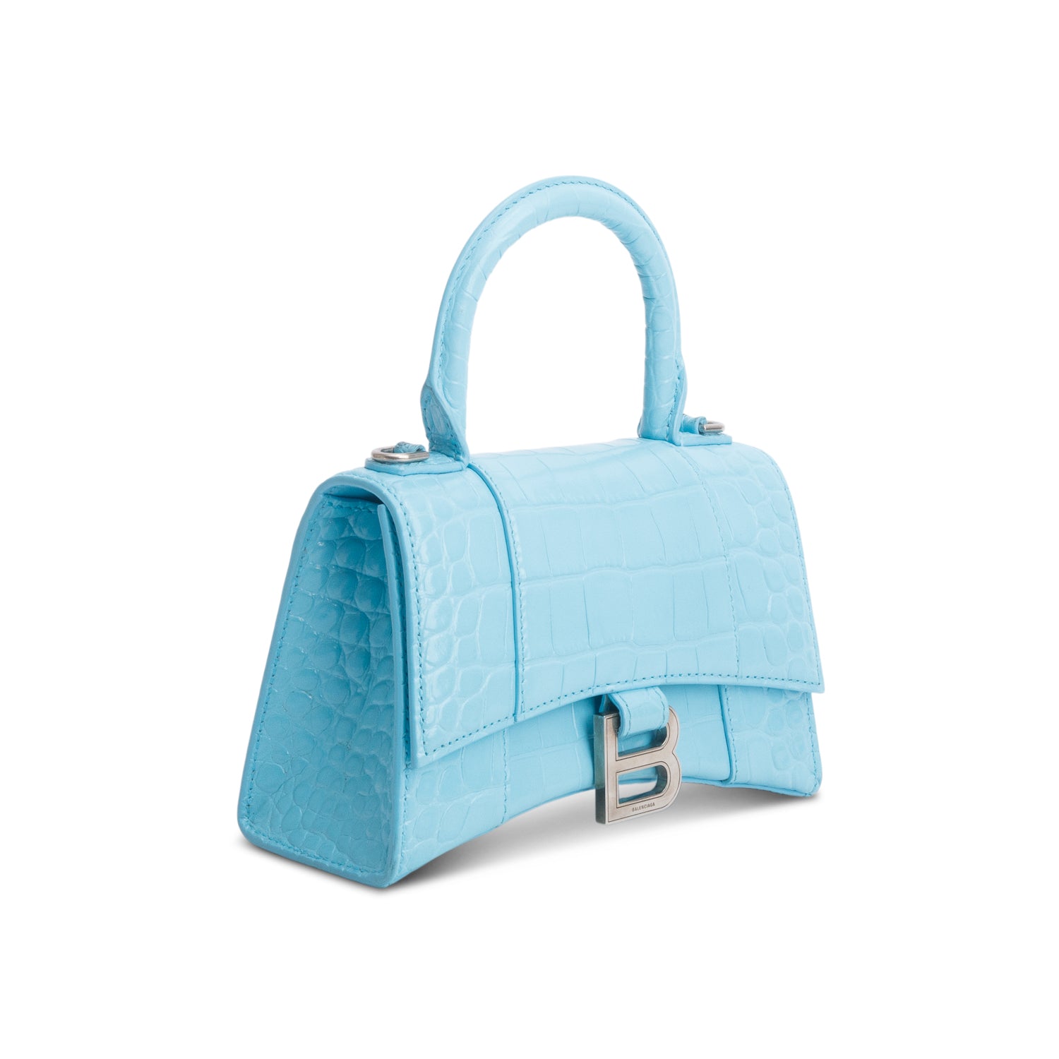 Balenciaga Blue Shiny Calfskin Croc-Embossed Leather XS Hourglass Top Handle Bag w/ Strap
