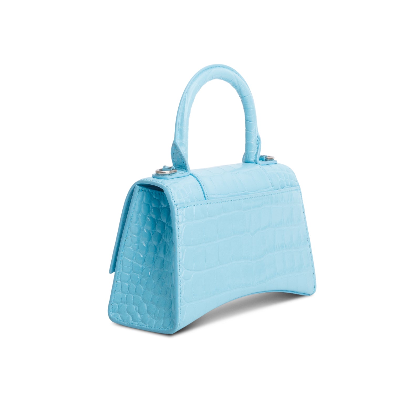 Balenciaga Blue Shiny Calfskin Croc-Embossed Leather XS Hourglass Top Handle Bag w/ Strap