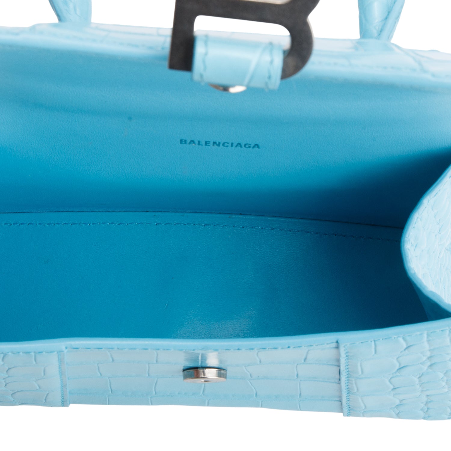 Balenciaga Blue Shiny Calfskin Croc-Embossed Leather XS Hourglass Top Handle Bag w/ Strap