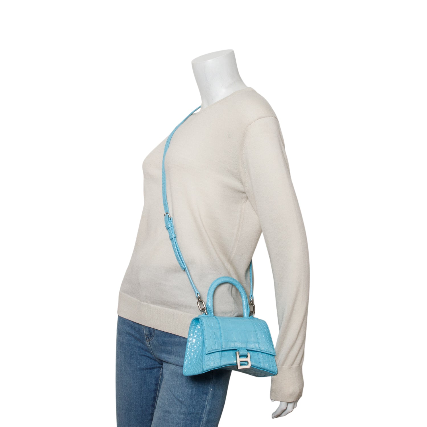 Balenciaga Blue Shiny Calfskin Croc-Embossed Leather XS Hourglass Top Handle Bag w/ Strap