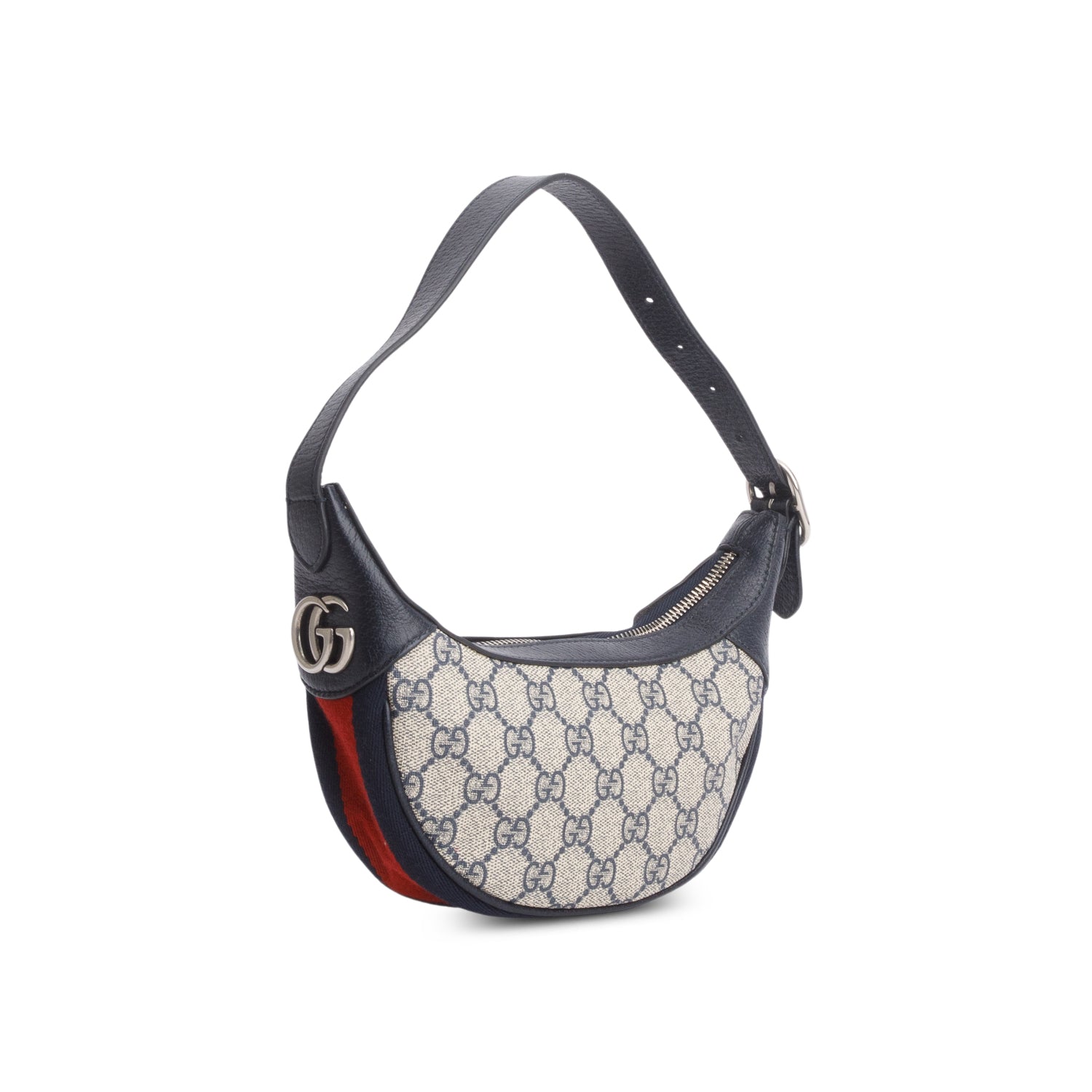 Gucci Navy GG Supreme Monogram Textured Calfskin Web Mini Ophidia Half Moon Hobo