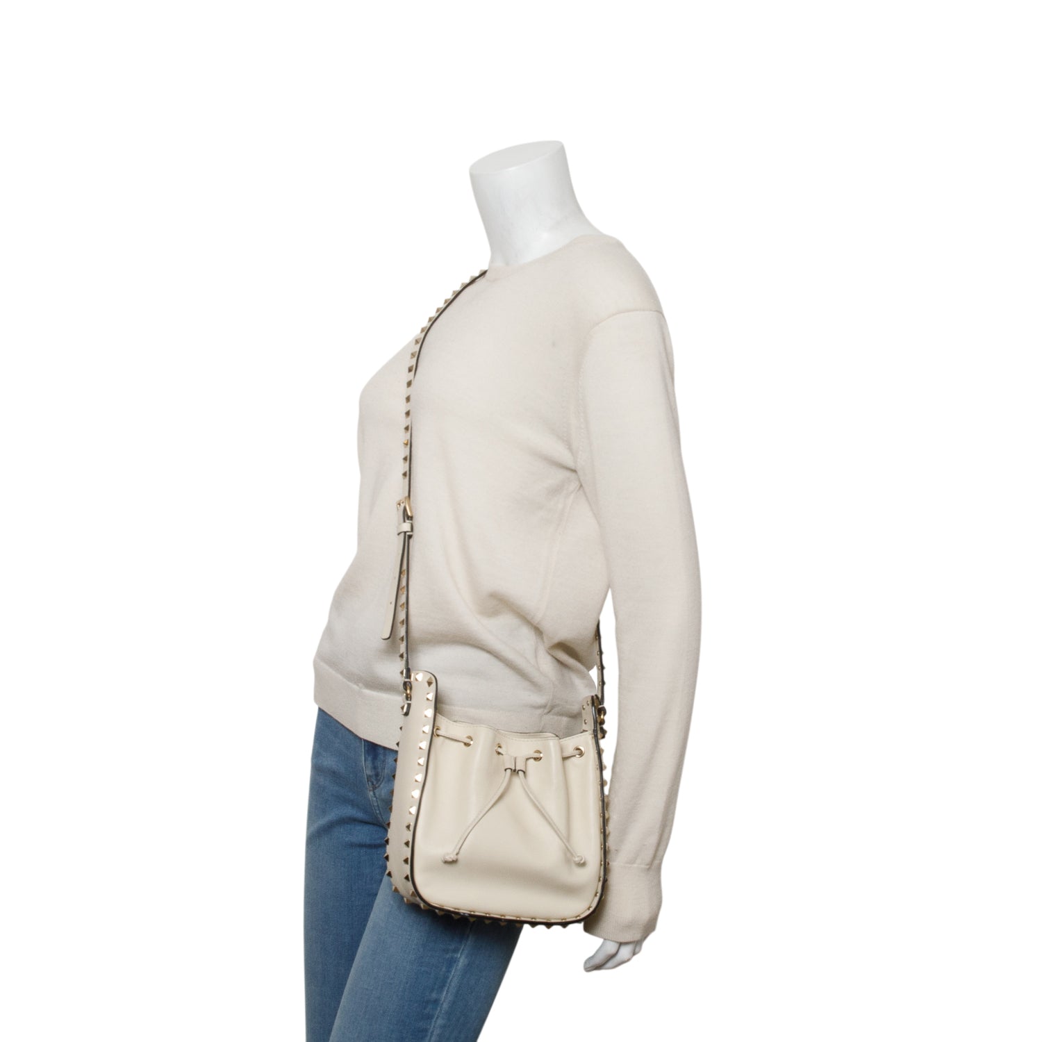 Valentino Cream Vitello Calfskin Rockstud Bucket Bag