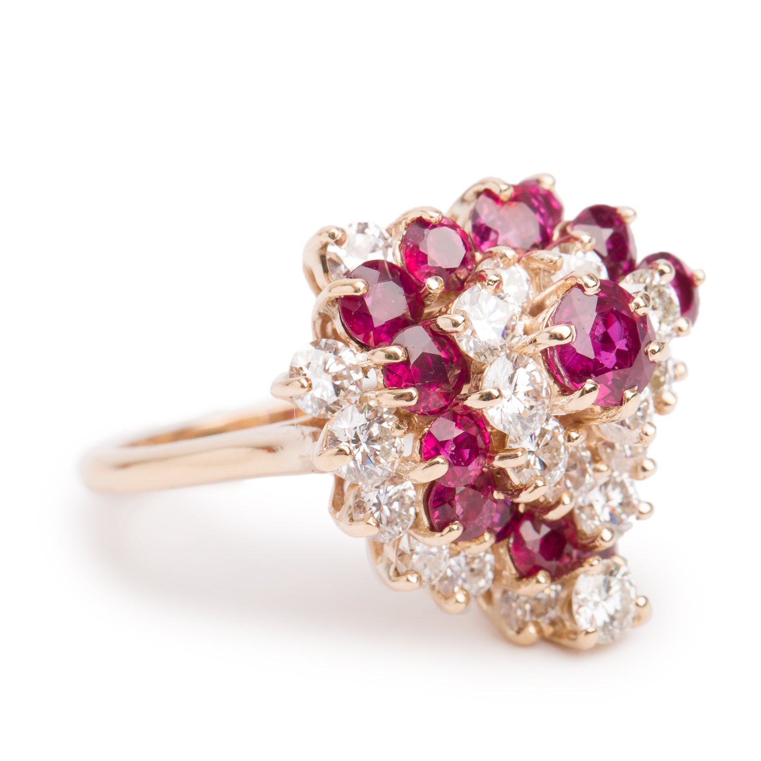 14k Yellow Gold Ruby and Diamond Cluster Ring, Size 6.5