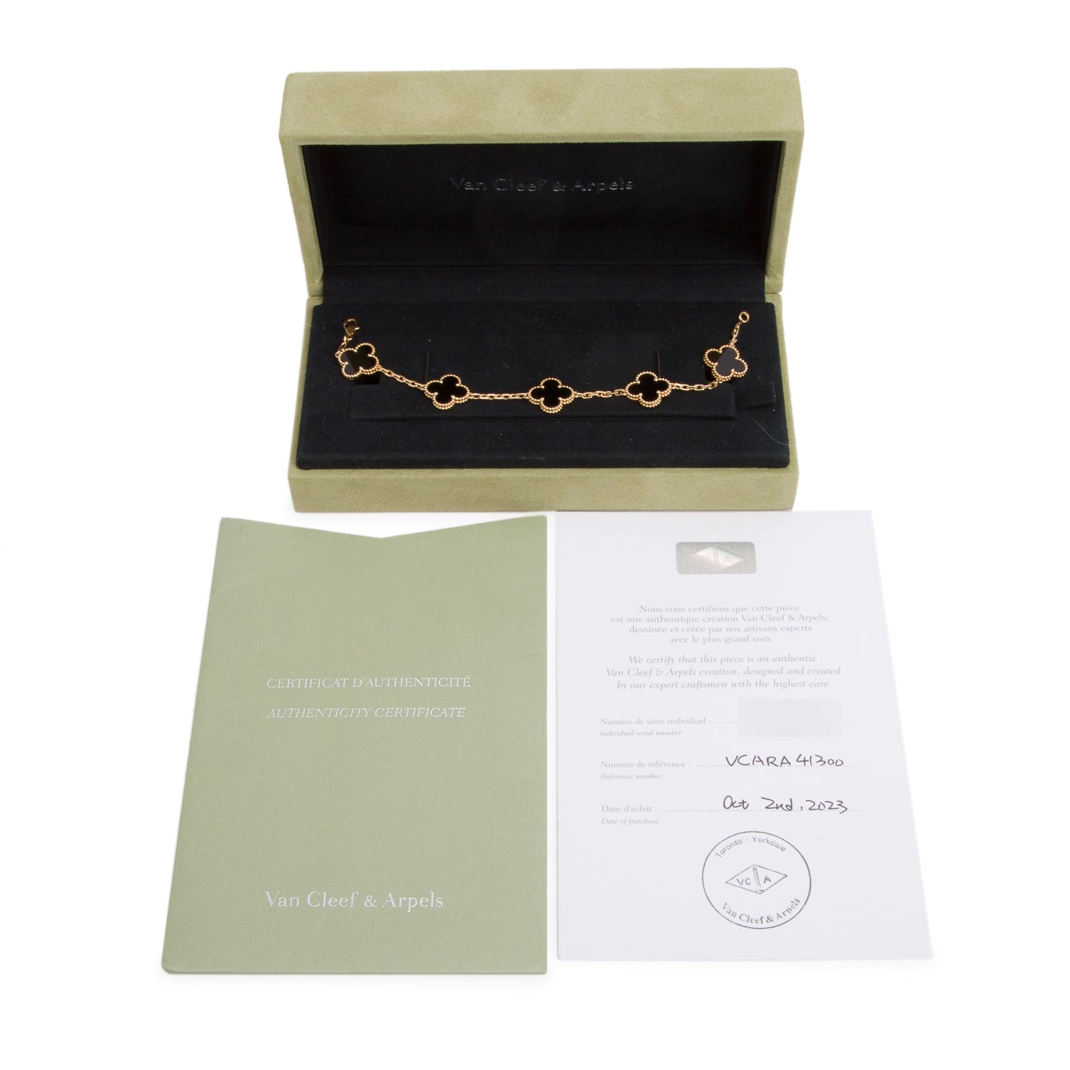 Van Cleef & Arpels 2023 18k Yellow Gold Vintage Alhambra 5 Motif Onyx Bracelet w/ Box & Certificate