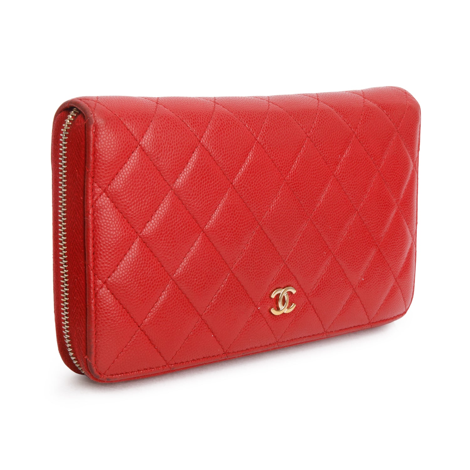 Chanel Red Caviar Leather Large Zip Around Organizer Wallet w/ Box & Authenticity Card