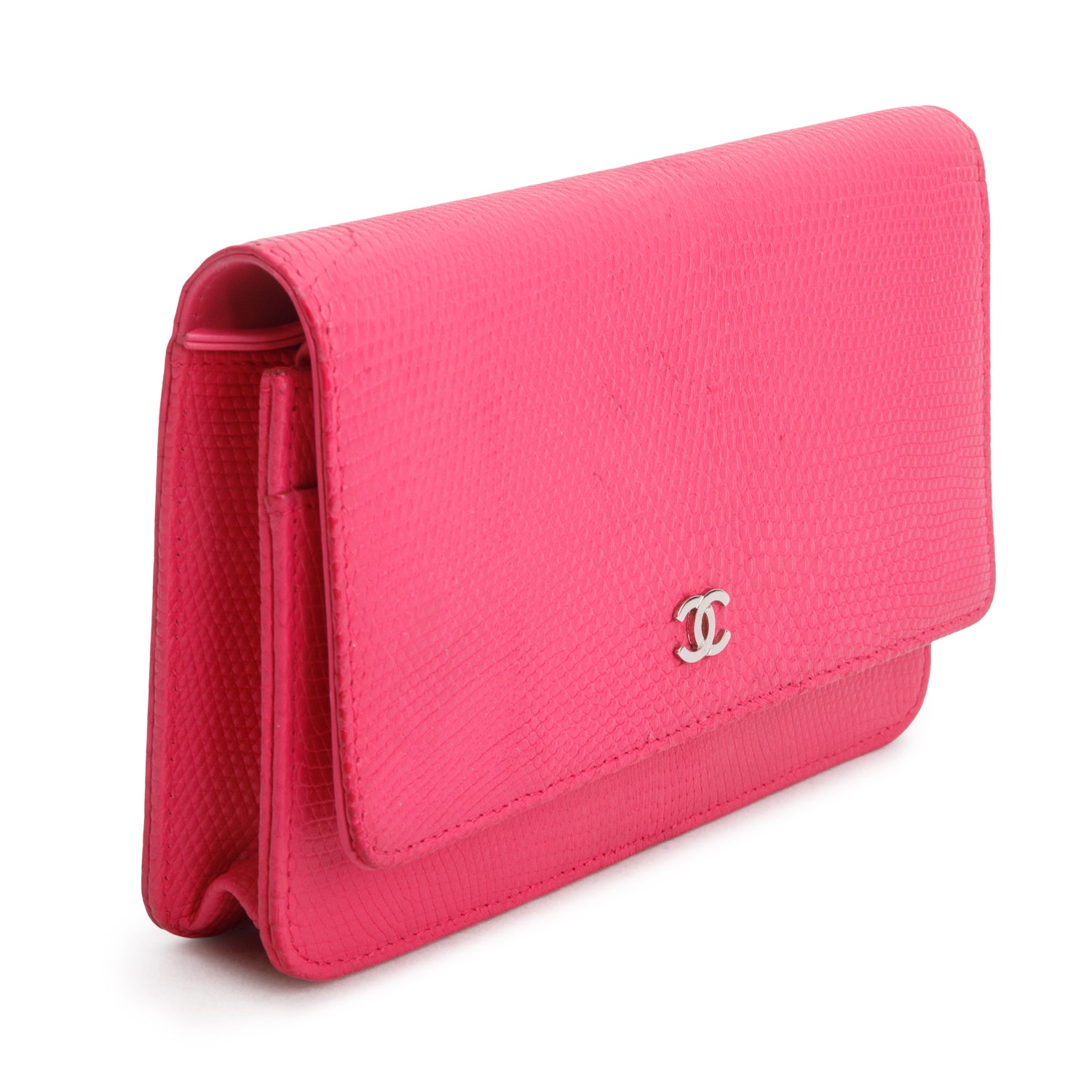 Chanel Pink Lizard Embossed Wallet on Chain
