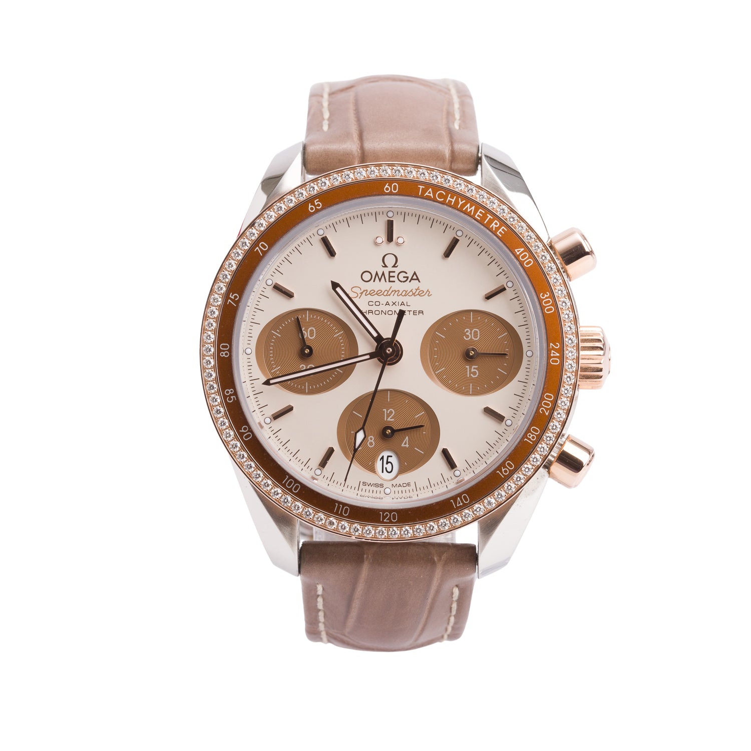Omega Stainless Steel & 18k Rose Gold Diamond Bezel Speedmaster 38 MM Chronograph Automatic Watch Cappuccino Dial w/ Box & Papers