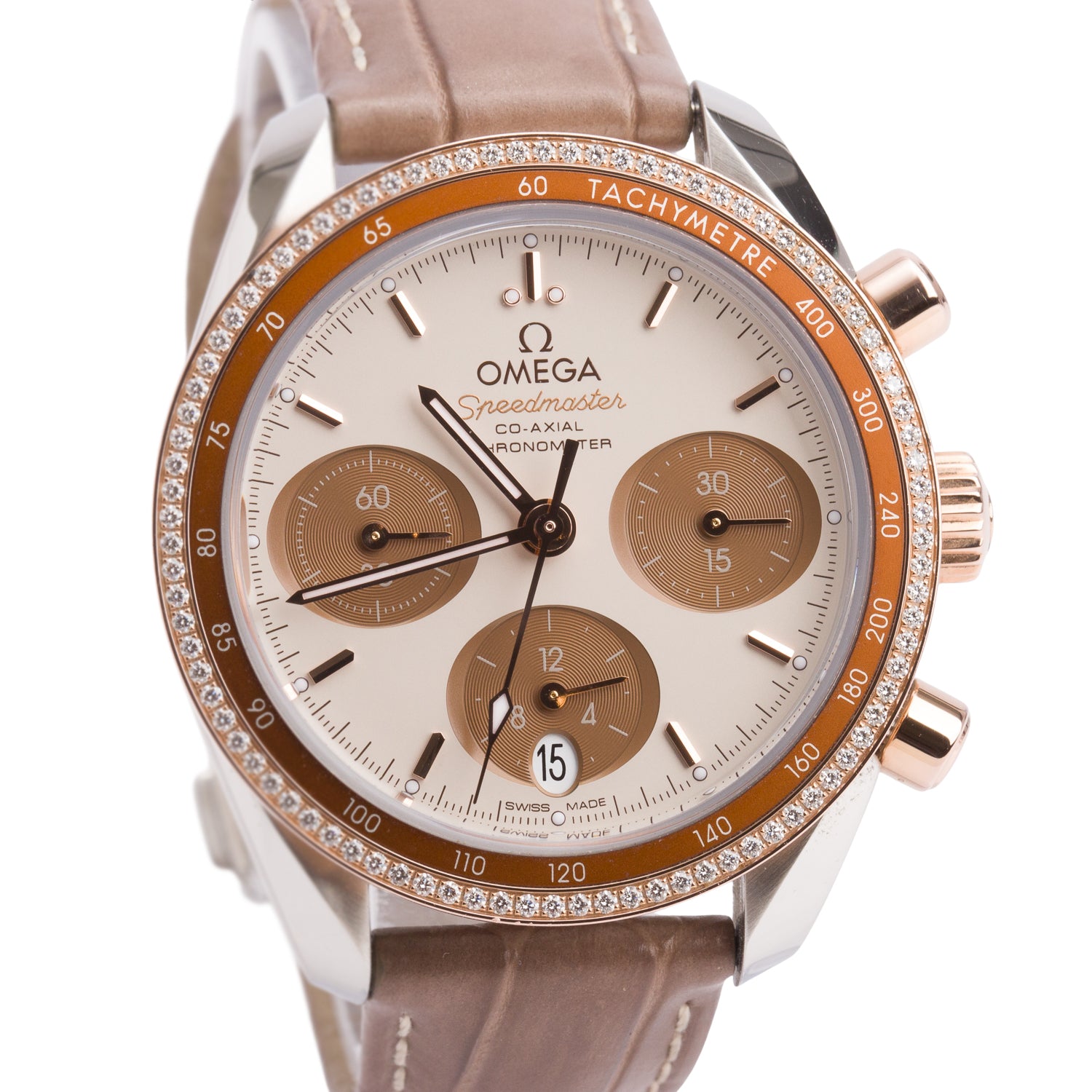 Omega Stainless Steel & 18k Rose Gold Diamond Bezel Speedmaster 38 MM Chronograph Automatic Watch Cappuccino Dial w/ Box & Papers