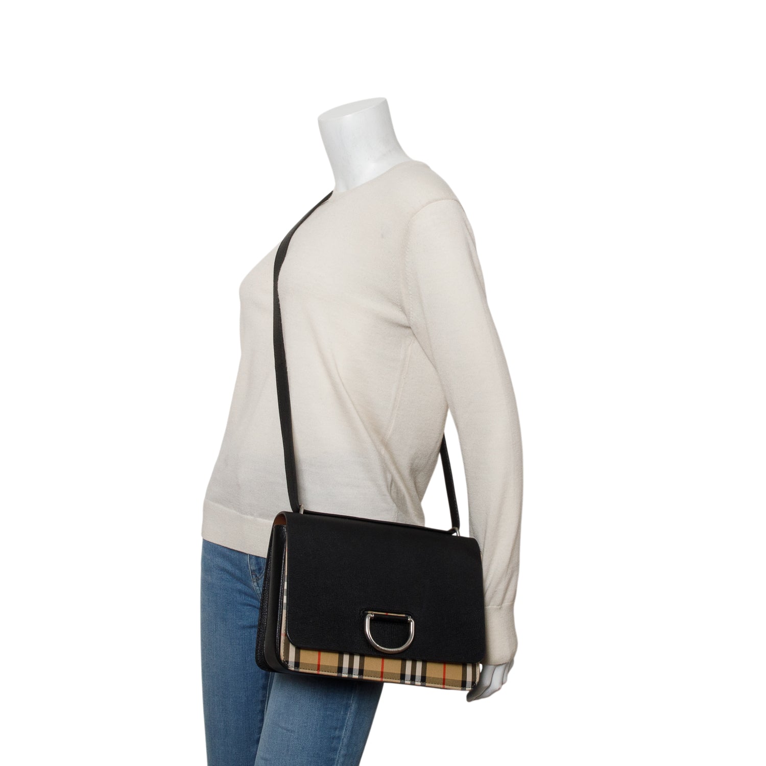 Burberry Black Goatskin Vintage Check Medium D-Ring Bag