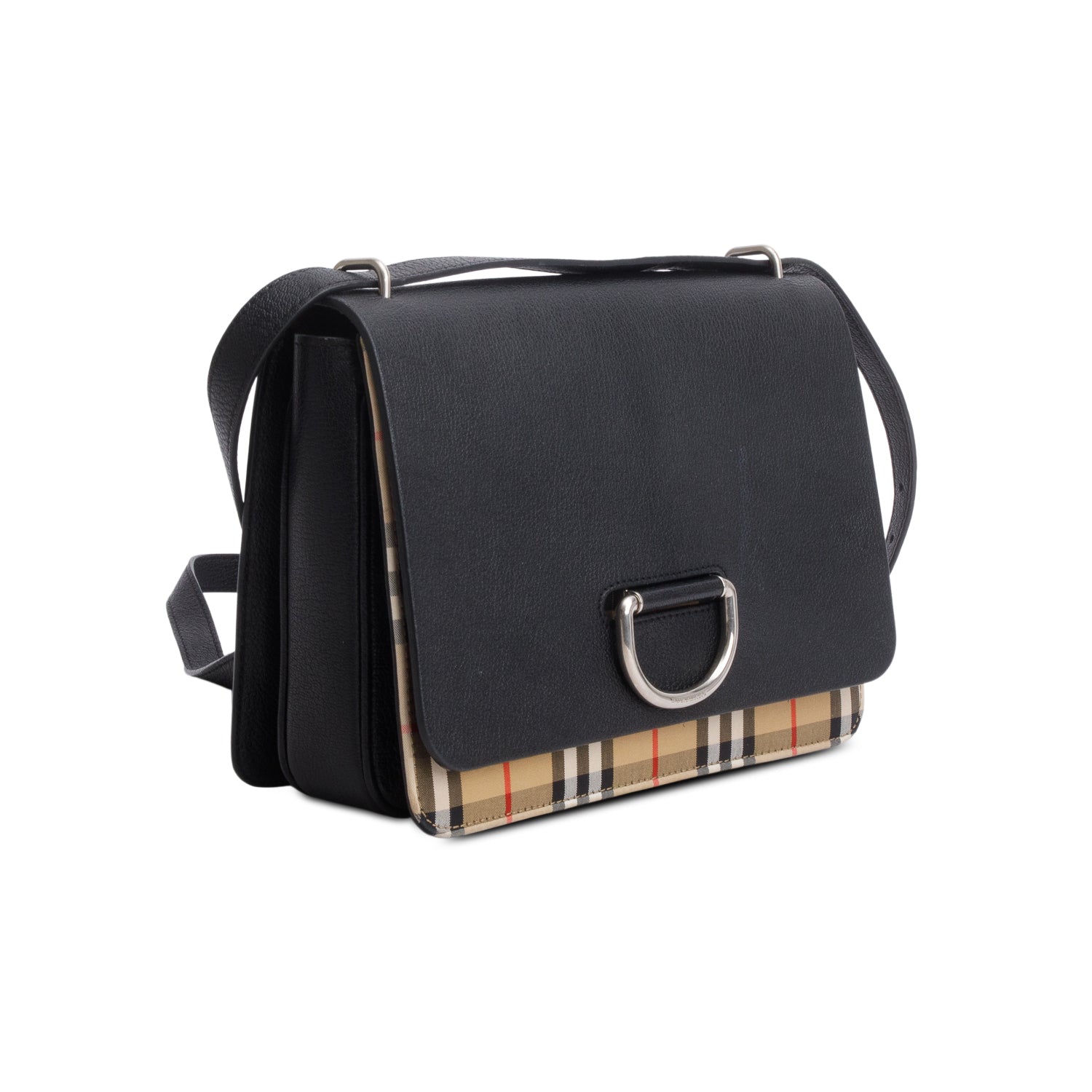 Burberry Black Goatskin Vintage Check Medium D-Ring Bag