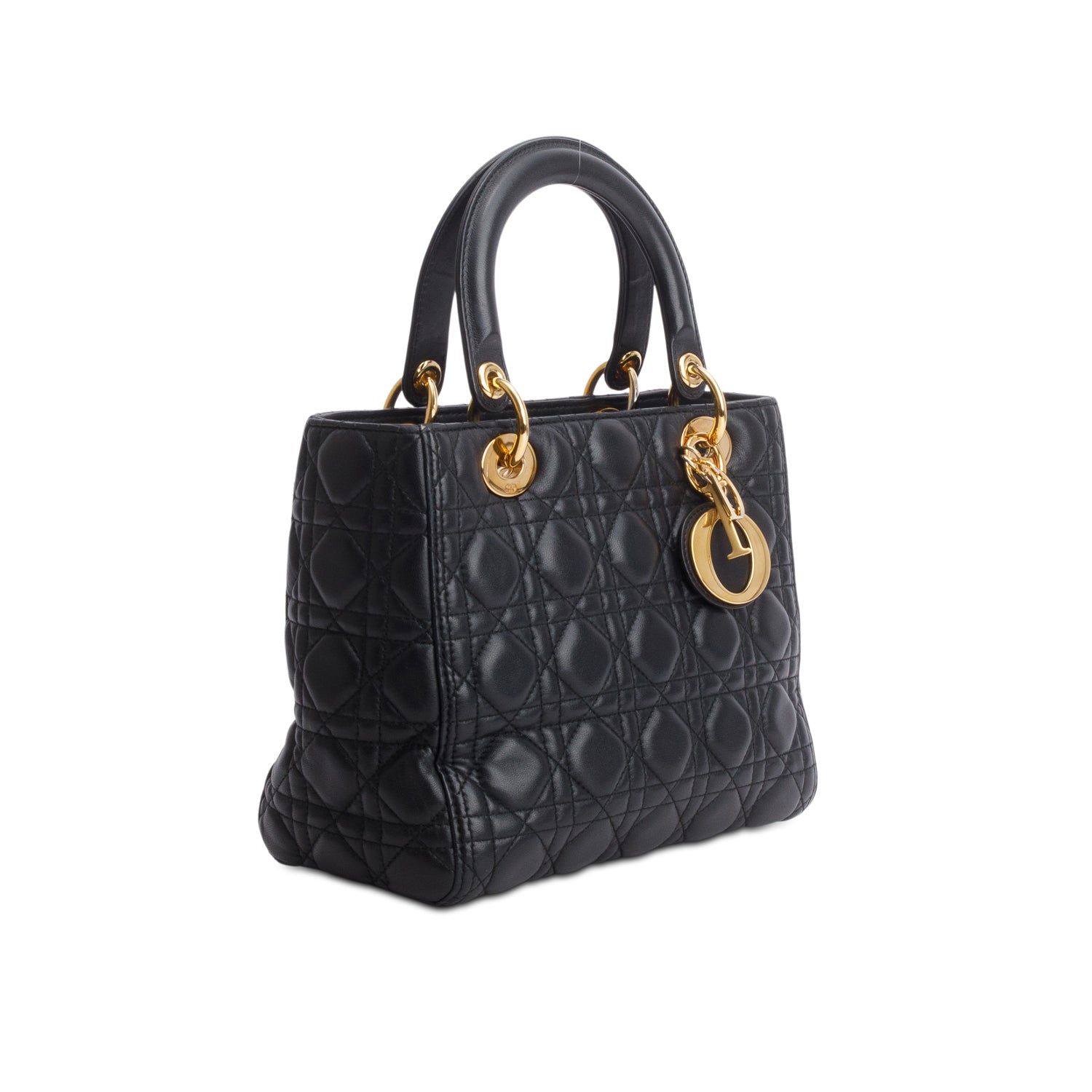 Christian Dior Black Cannage Lambskin Leather Medium Lady Dior Bag w/ Strap