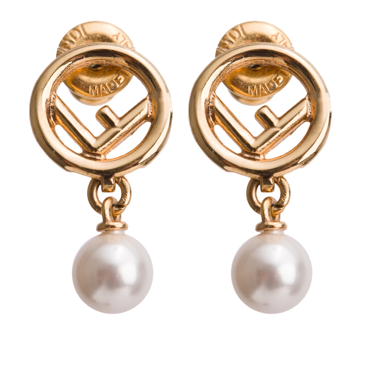 Fendi Gold-Tone Metal Faux Pearl F is Fendi Earrings