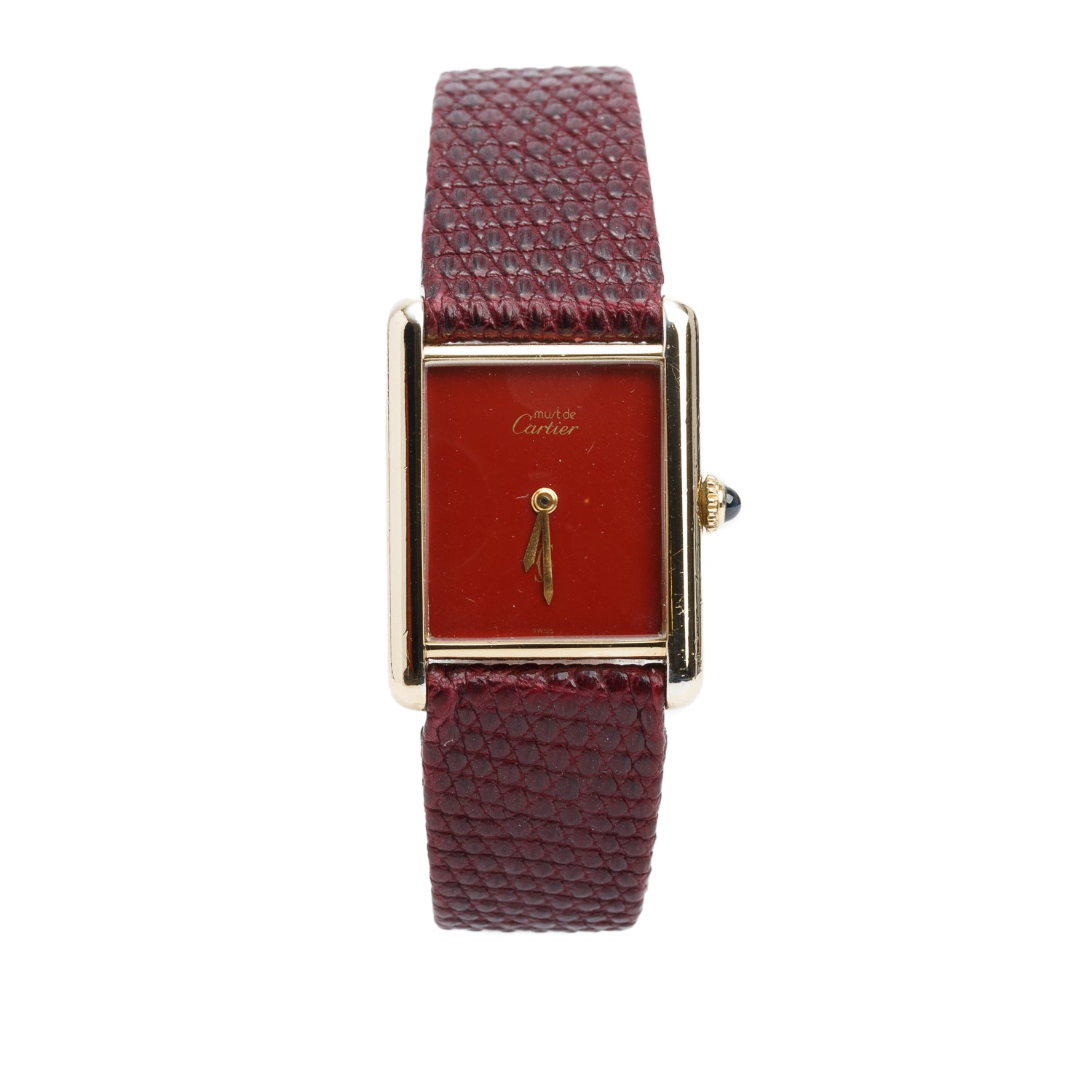 Cartier Vintage 18k Gold Vermeil Sterling Silver Argent Must de Cartier Tank Quartz Watch Burgundy Dial