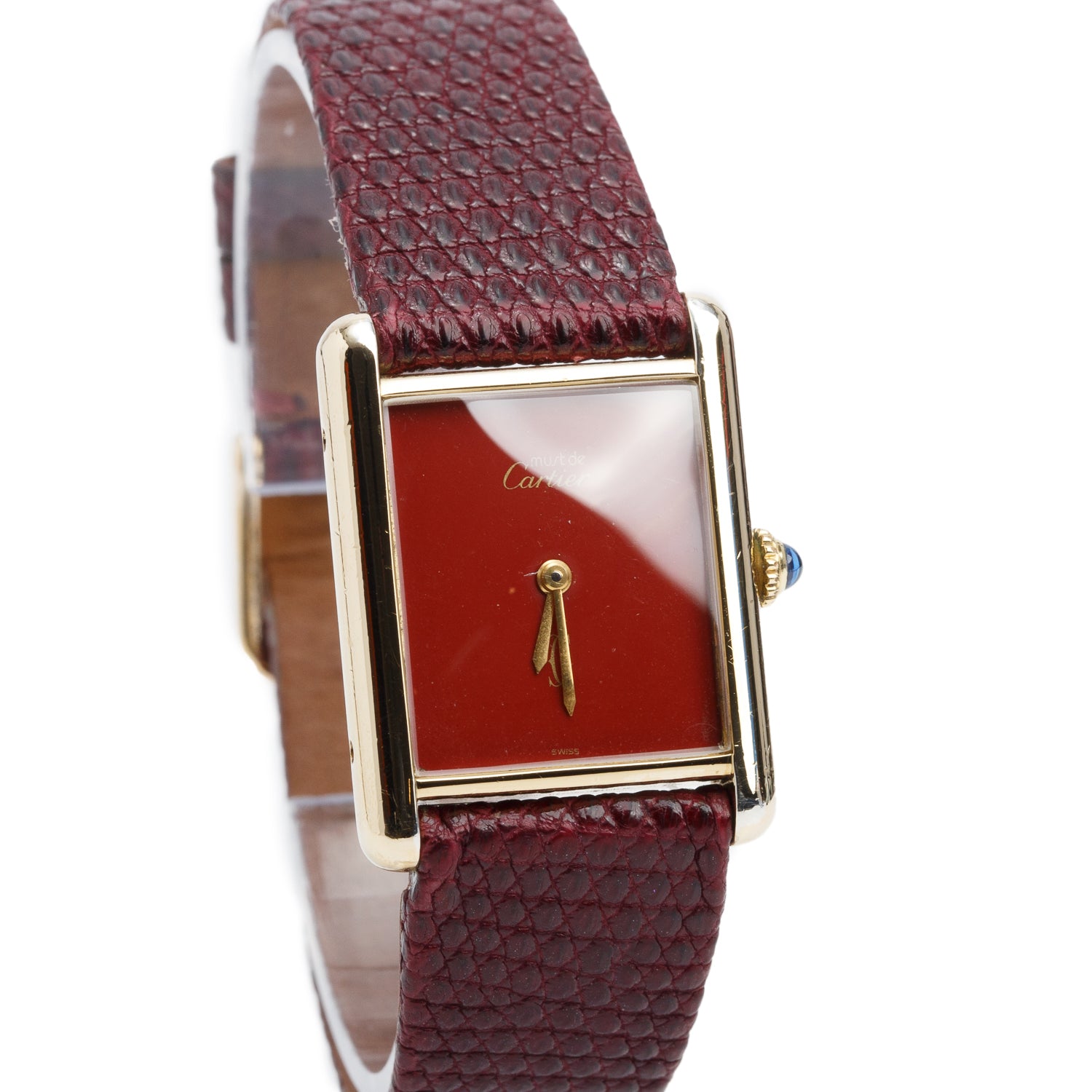 Cartier Vintage 18k Gold Vermeil Sterling Silver Argent Must de Cartier Tank Quartz Watch Burgundy Dial