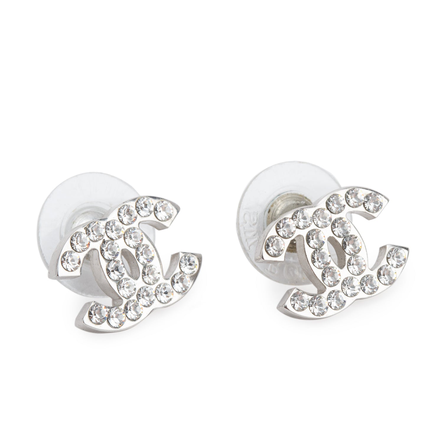 Chanel Palladium Plated Strass CC Stud Earrings w/ Box