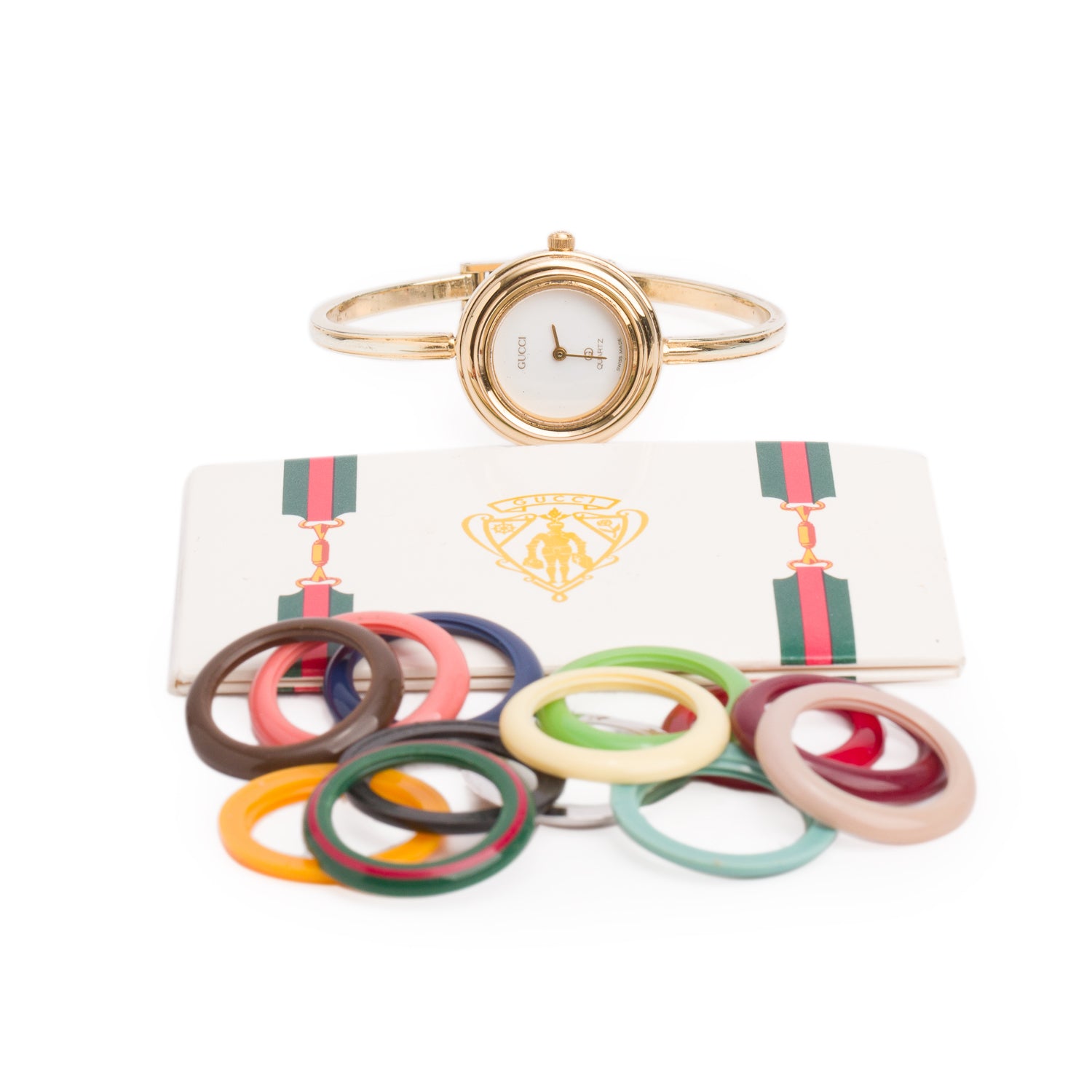 Gucci Gold Plated Stainless Steel 1100 Series 26 MM Watch White Dial w/ Box & 12 Multicolour Bezels
