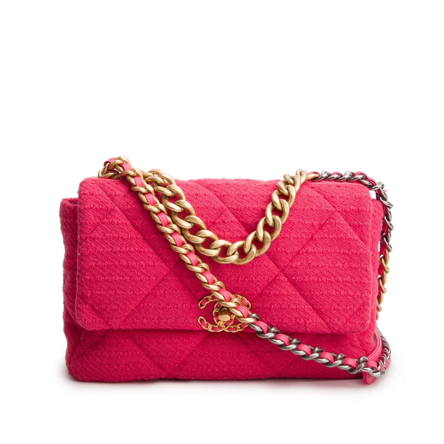 Chanel 2020 Pink Tweed Quilted Large 19 Flap Bag w/ Box & Authenticity Card