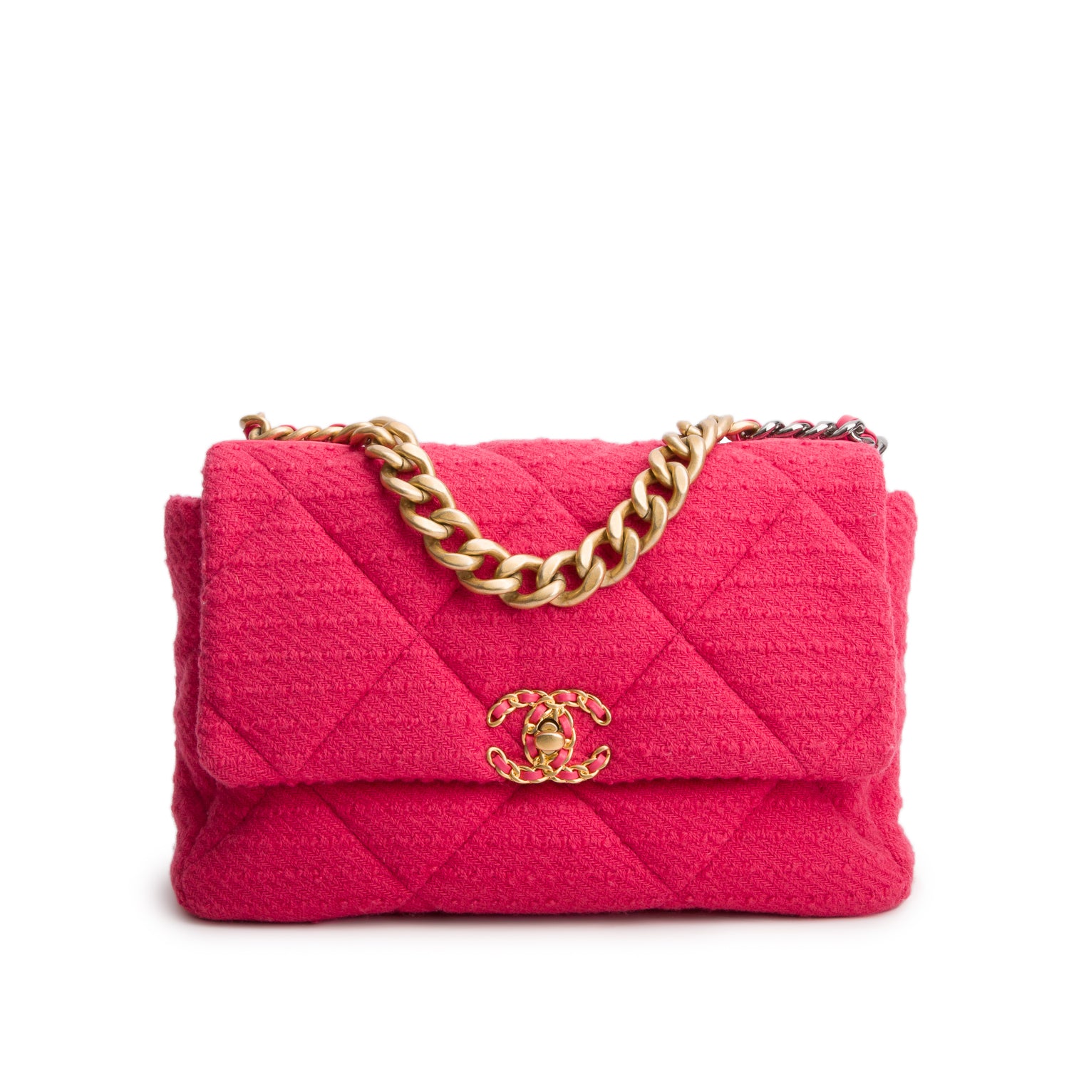Chanel 2020 Pink Tweed Quilted Large 19 Flap Bag w/ Box & Authenticity Card