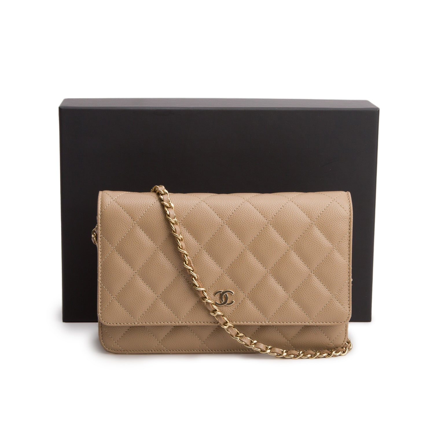 Chanel Beige Caviar Quilted Classic Wallet on Chain w/ Box