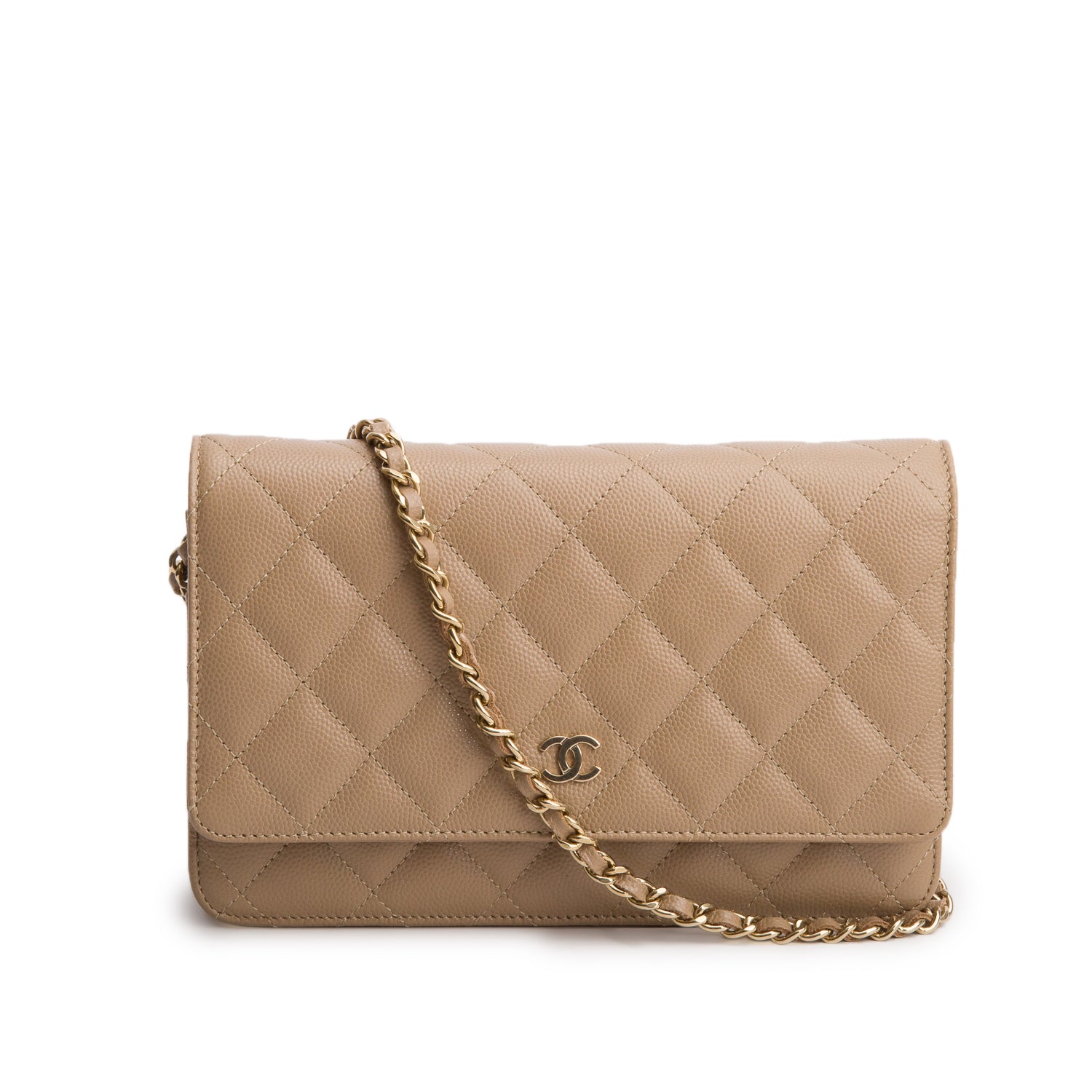 Chanel Beige Caviar Quilted Classic Wallet on Chain w/ Box