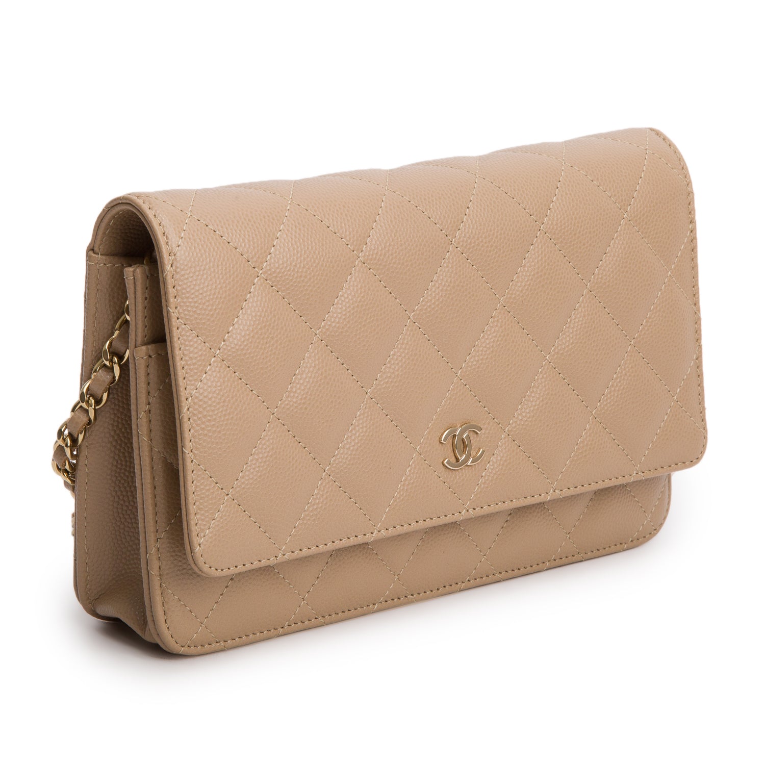 Chanel Beige Caviar Quilted Classic Wallet on Chain w/ Box